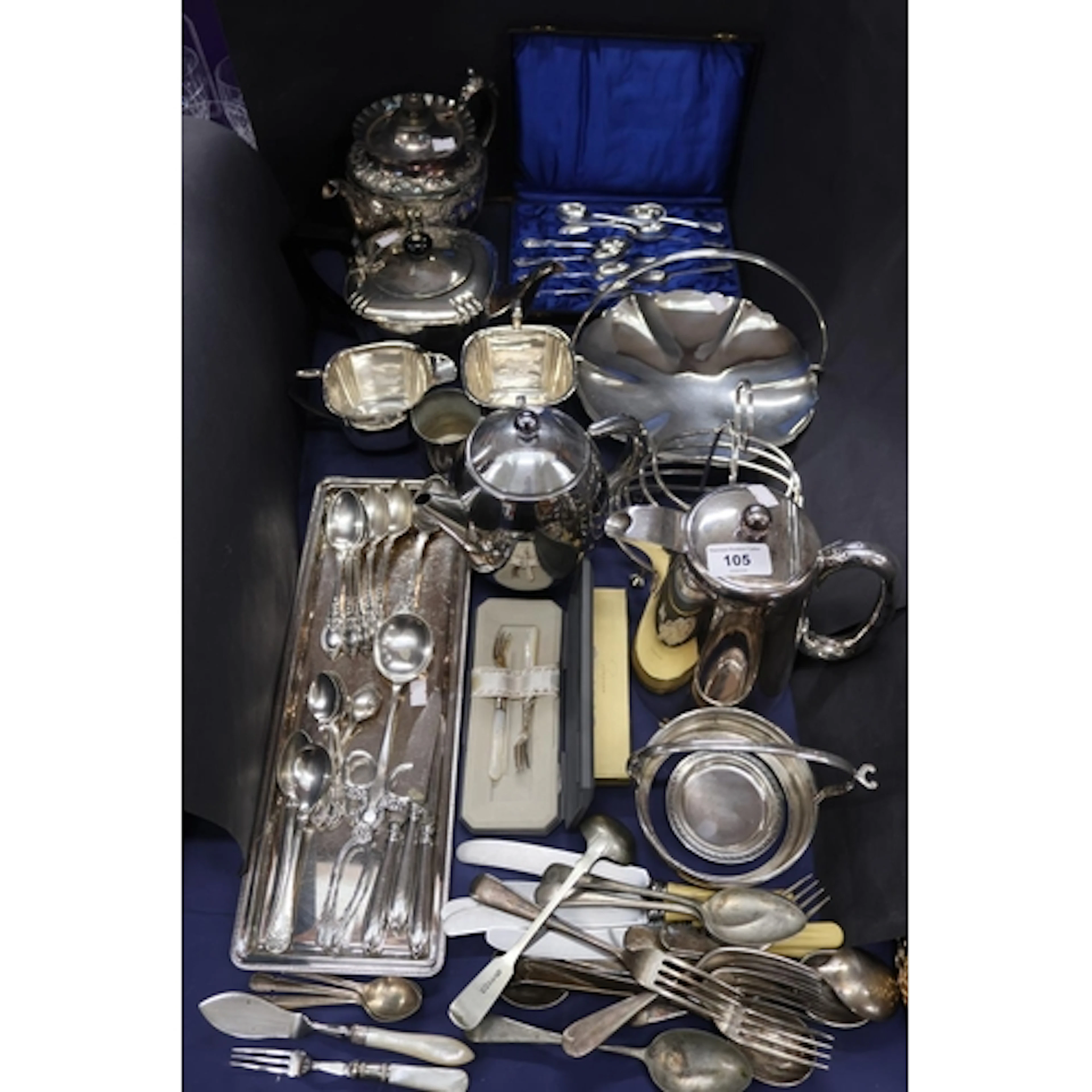 Plated and flatware comprising spoons, teapots, sugar bowls,...