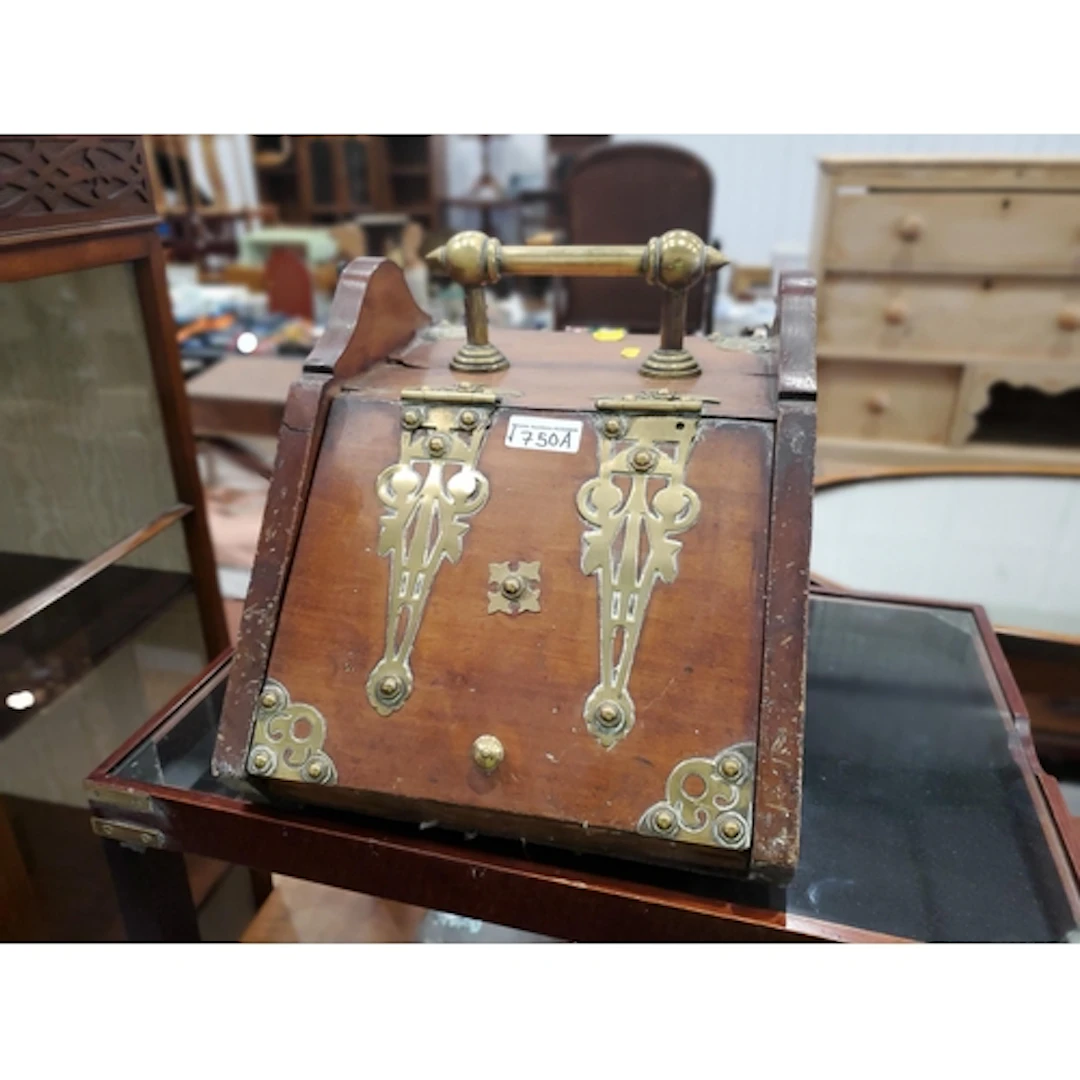 An oak and brasss bound coal scuttle, (R3).