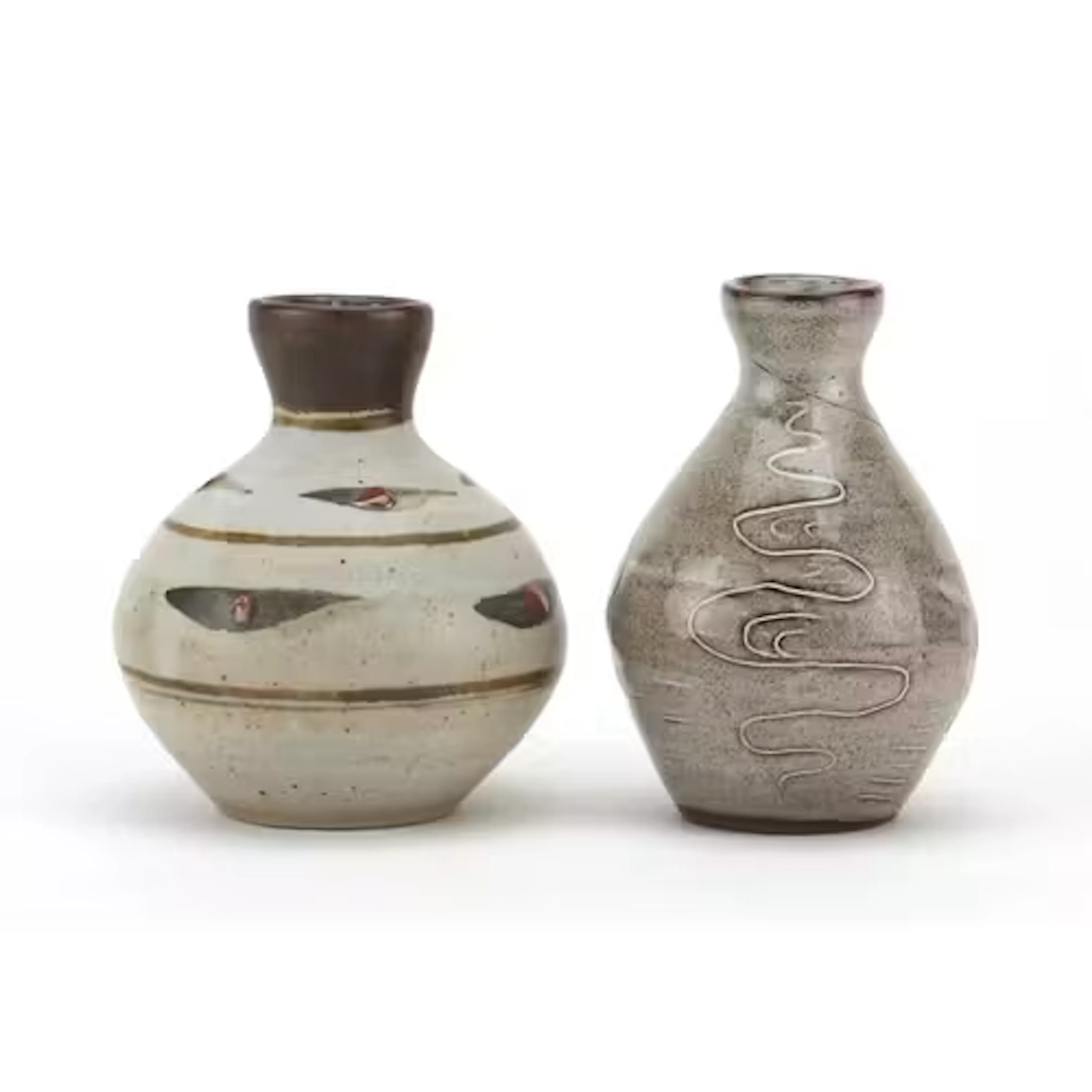 Two David Leach studio pottery bud vases, one with incised d...