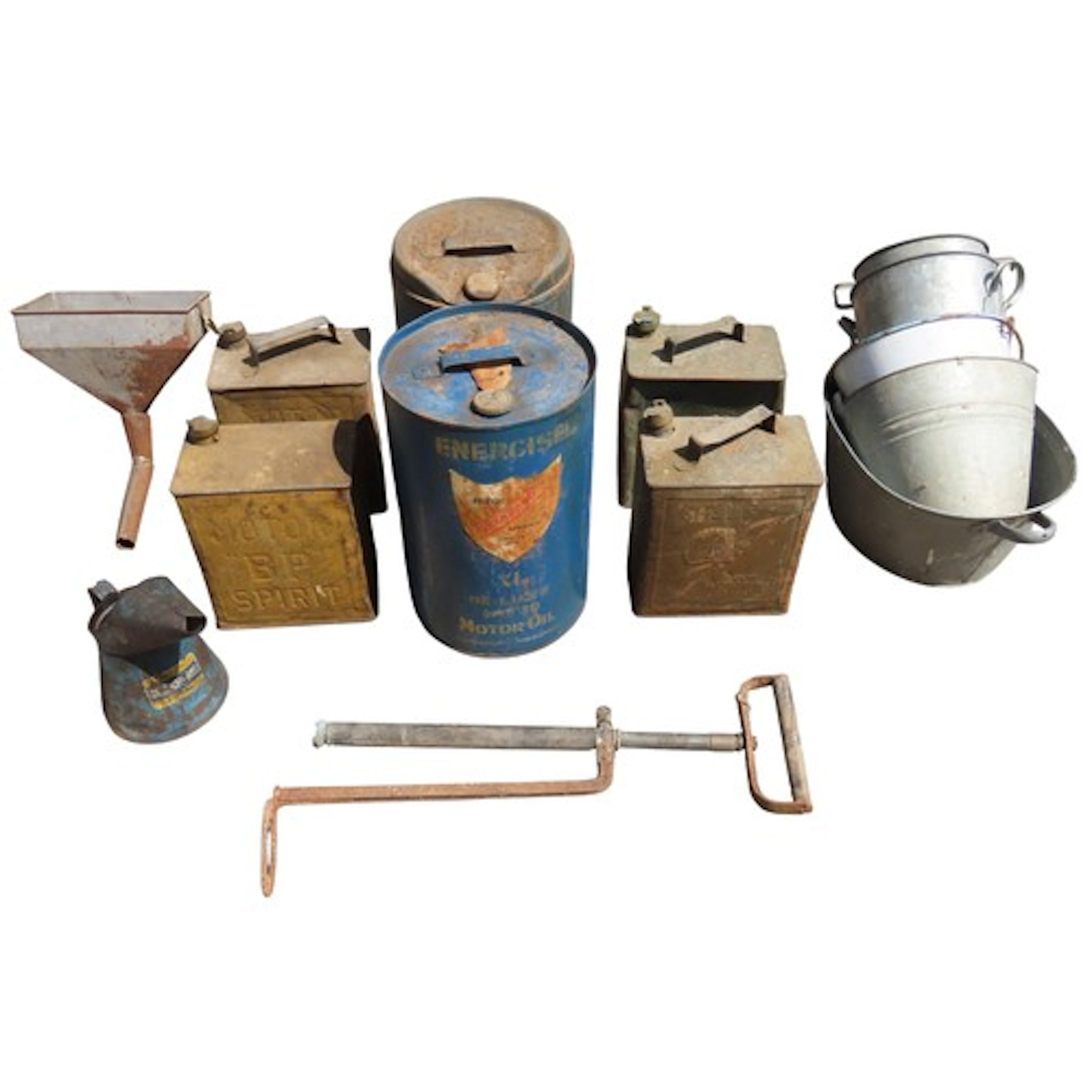 Four vintage petrol cans complete with screw caps, two oil d...