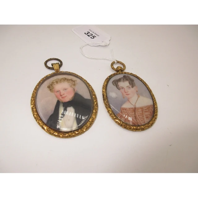 Pair of 19th Century Miniature Portraits in Gilt Metal Frame...