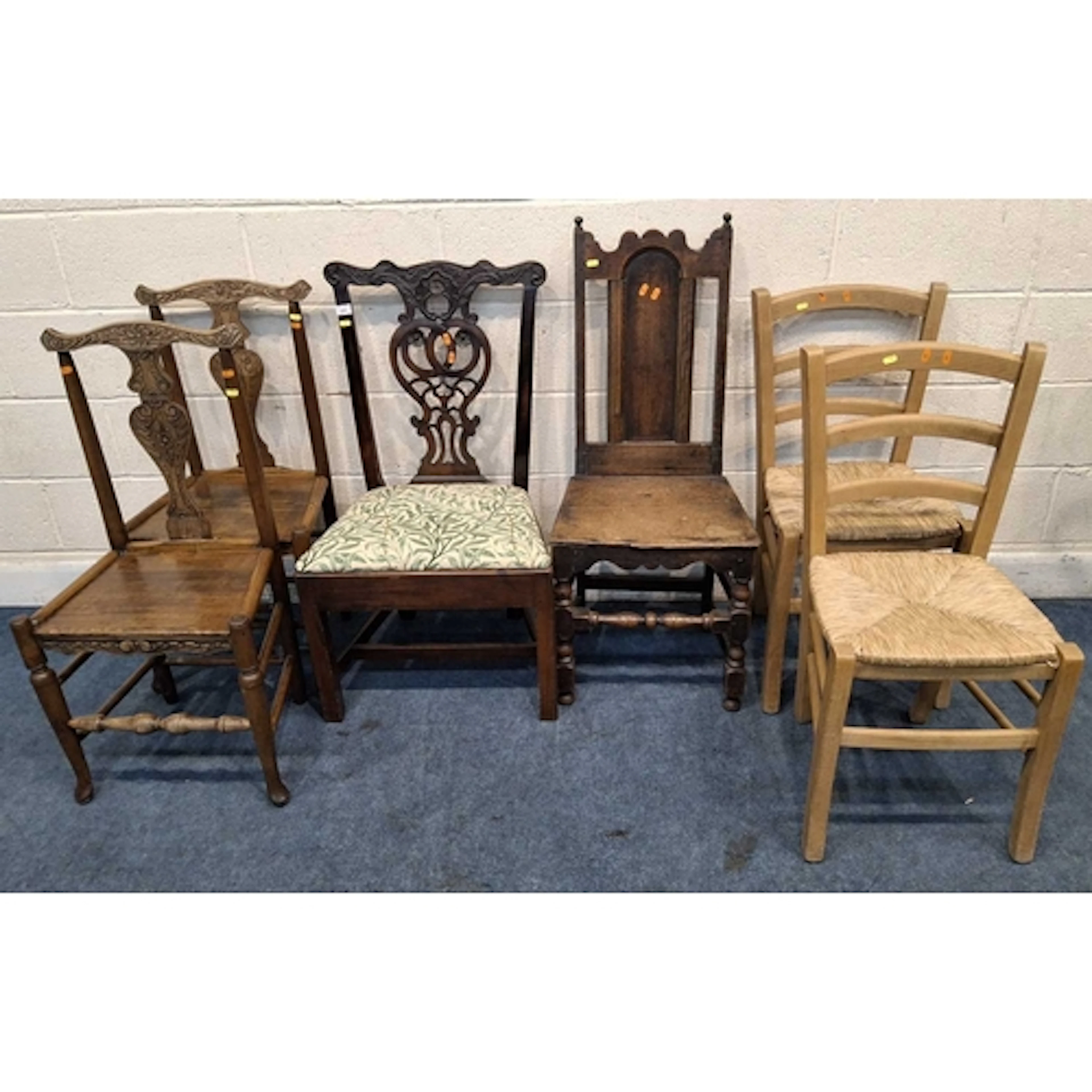 TWO PAIRS OF CHAIRS, and two odd chairs, varying in shape, s...