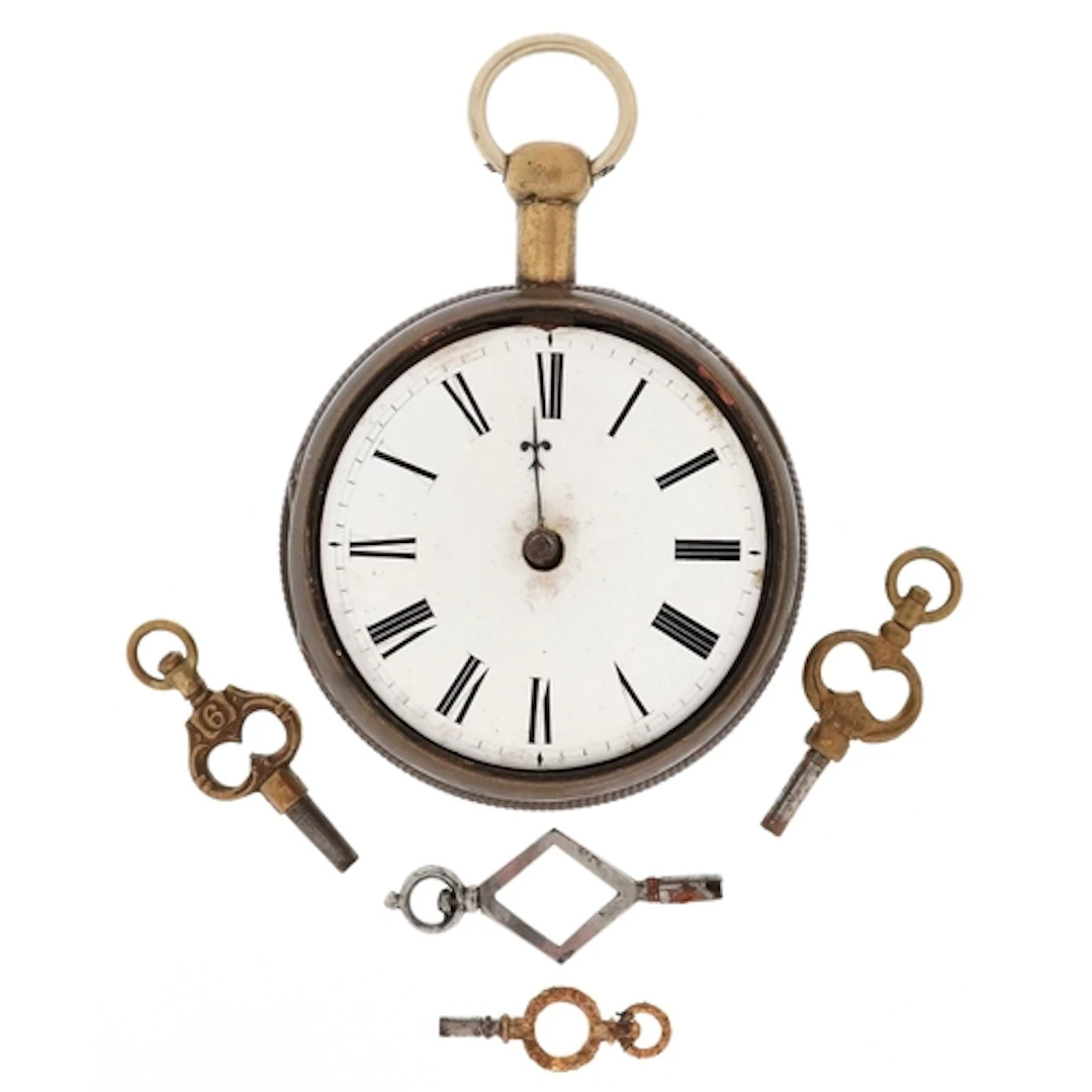 Antique pocket watch keys together with an open face brass c...