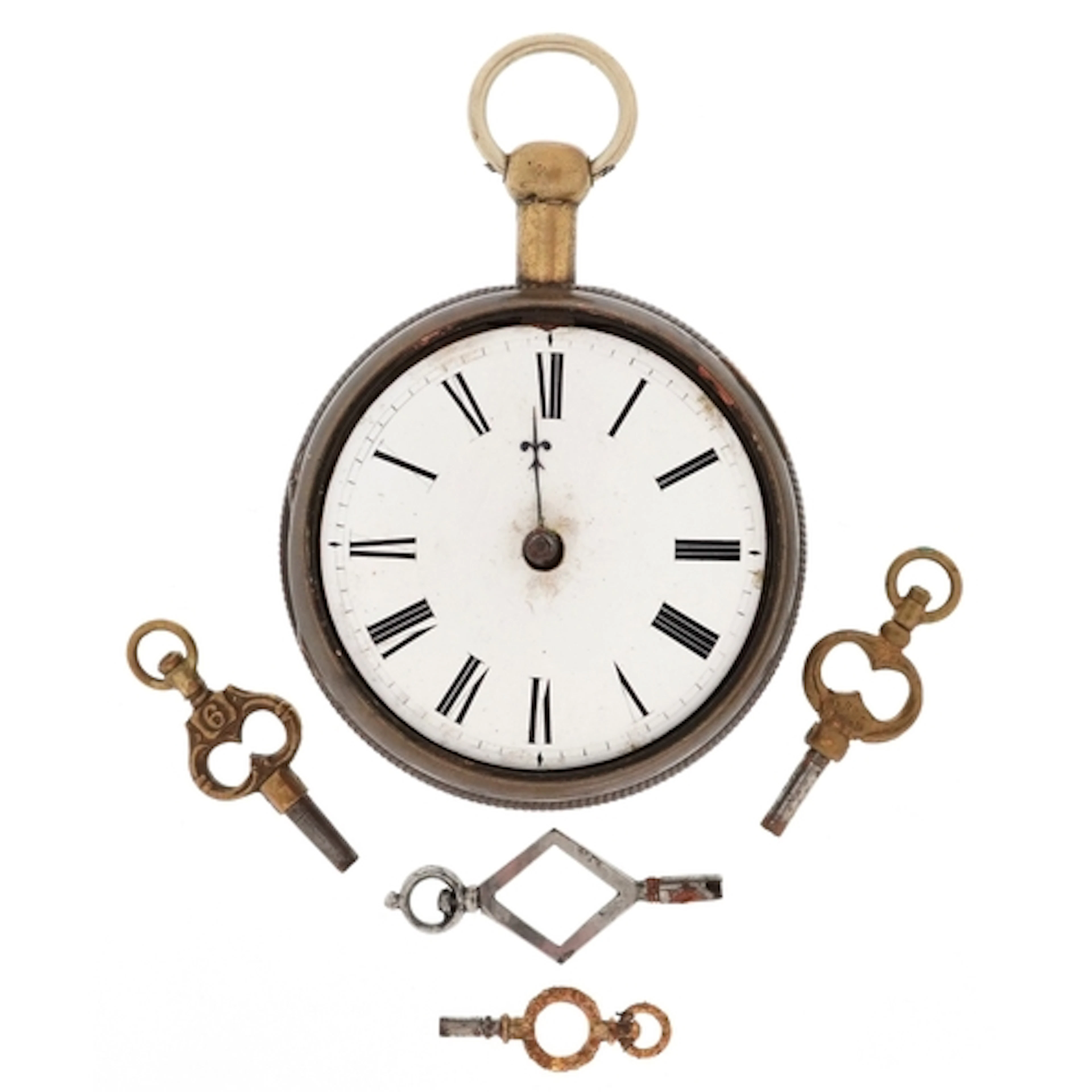 Antique pocket watch keys together with an open face brass c...