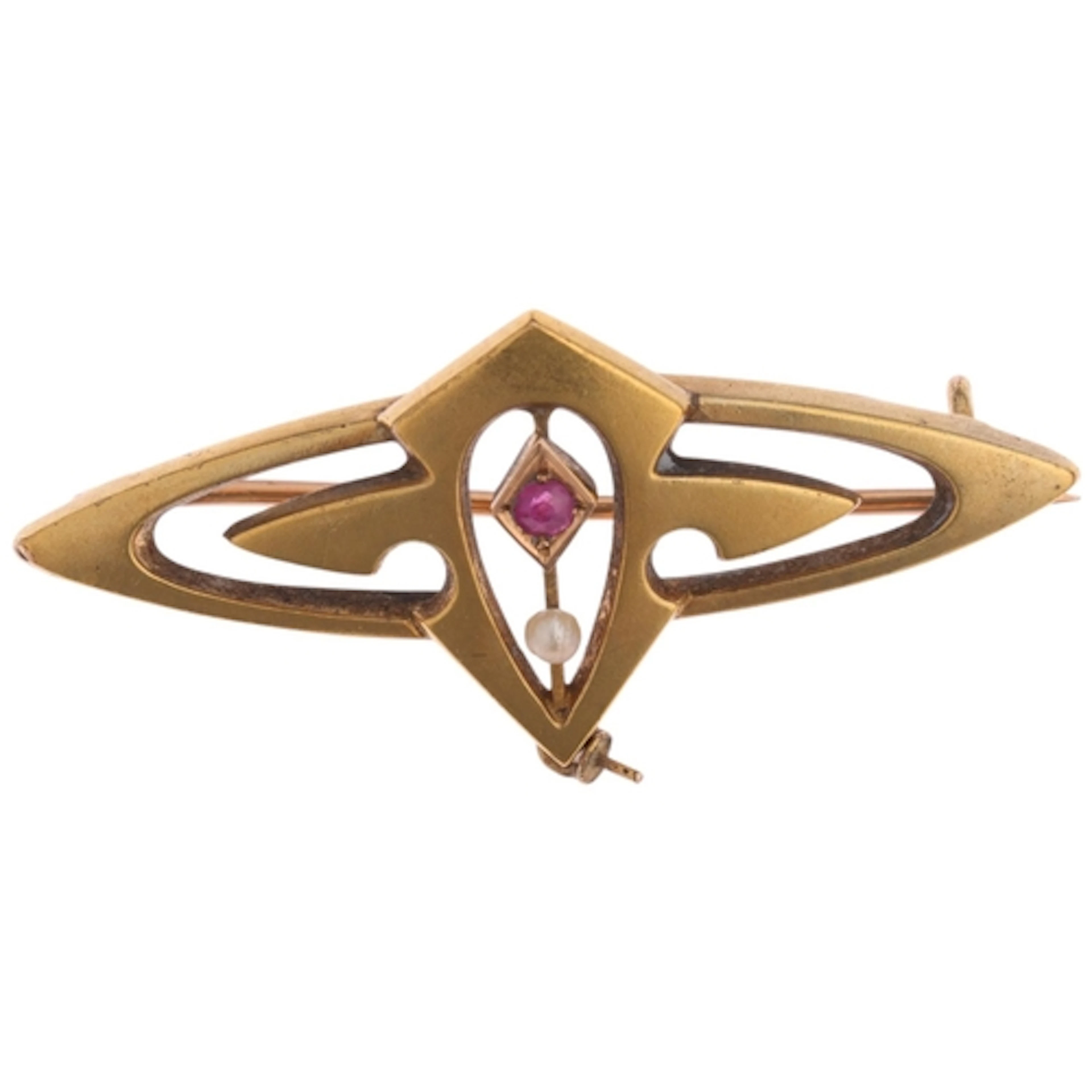 An Art Nouveau German 14ct gold ruby and pearl openwork broo...