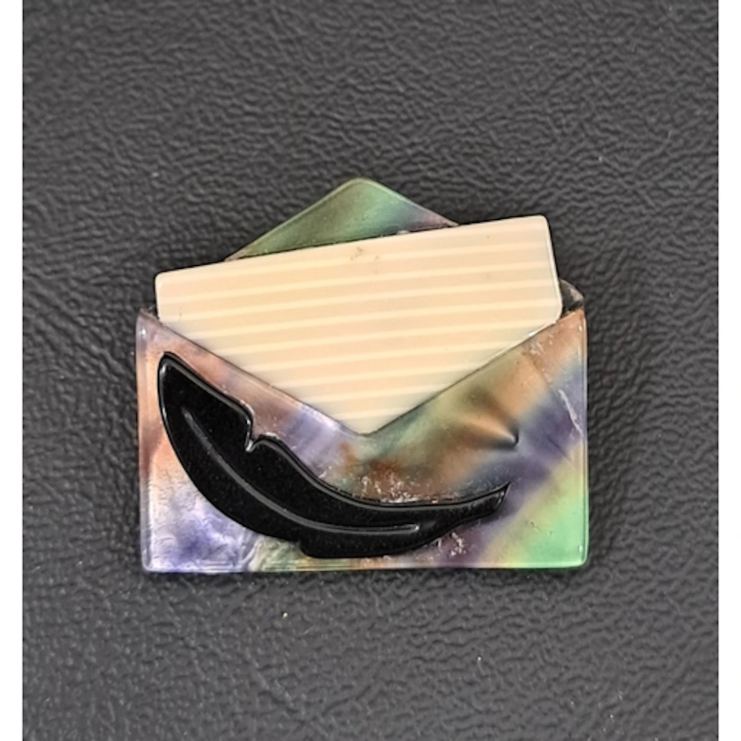 LEA STEIN LETTER BROOCH with colourful opalescent envelope, ...
