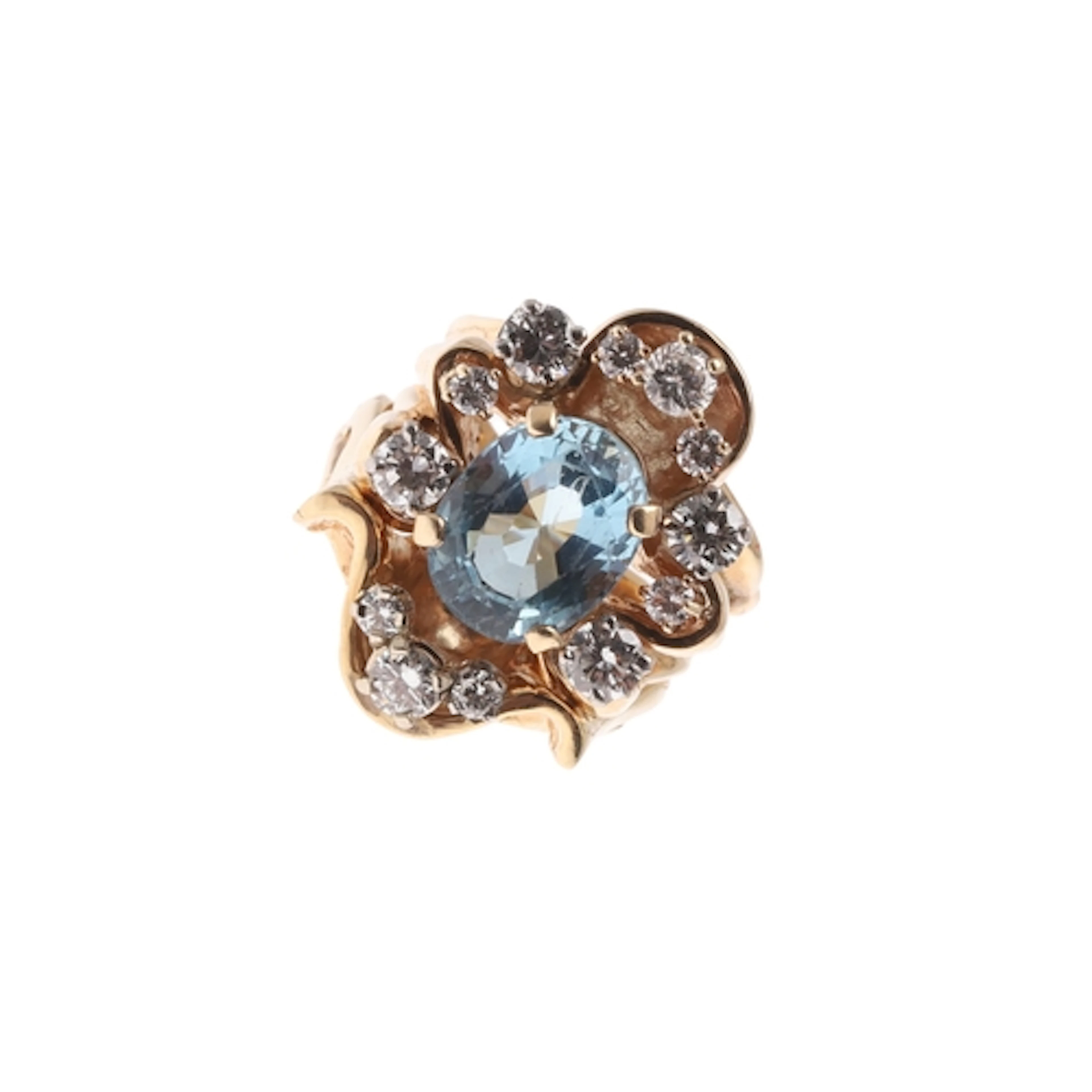 AN AQUAMARINE AND DIAMOND CLUSTER RING. the oval-shaped aqua...