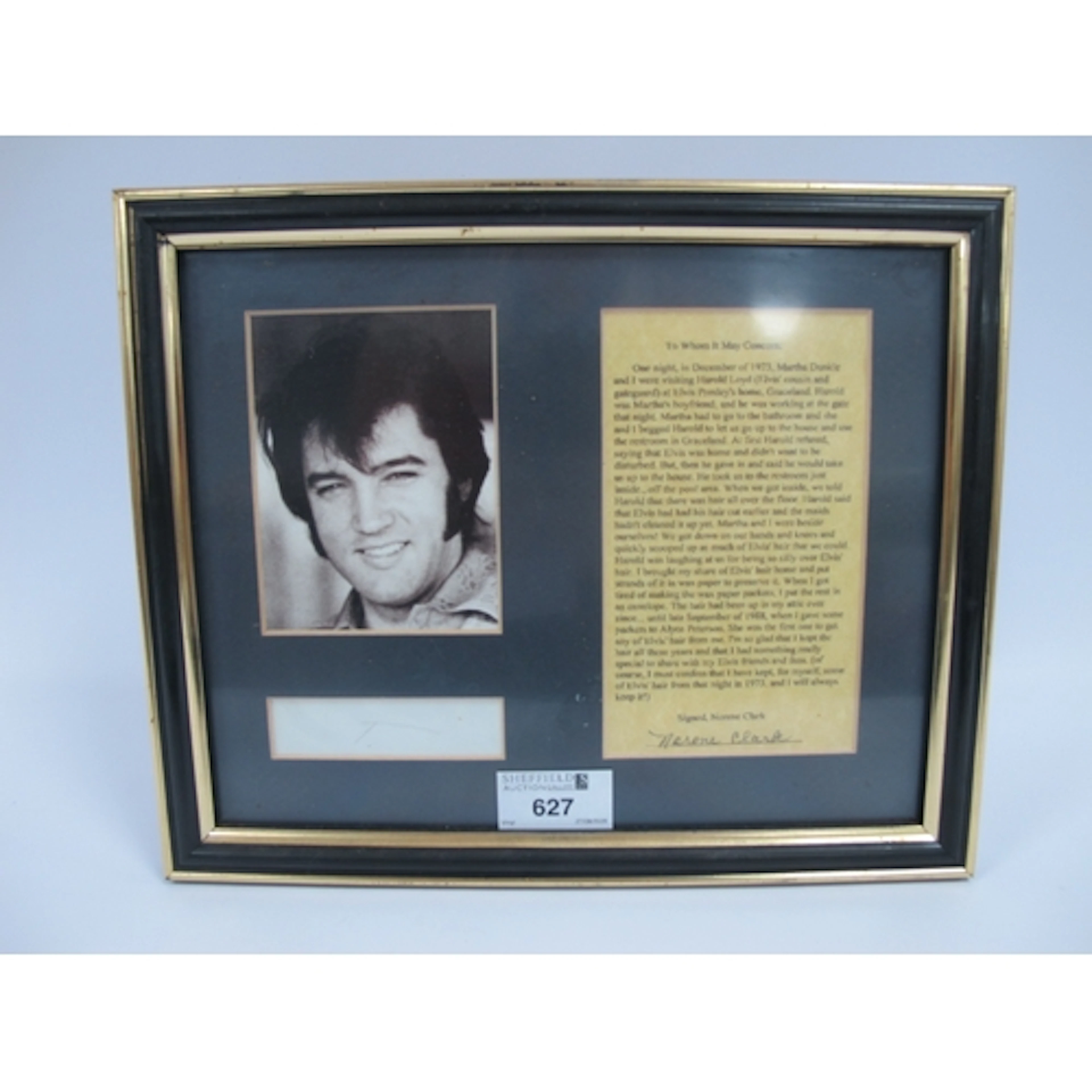 Elvis Presley's Hair!, two small pieces in a frame with a le...