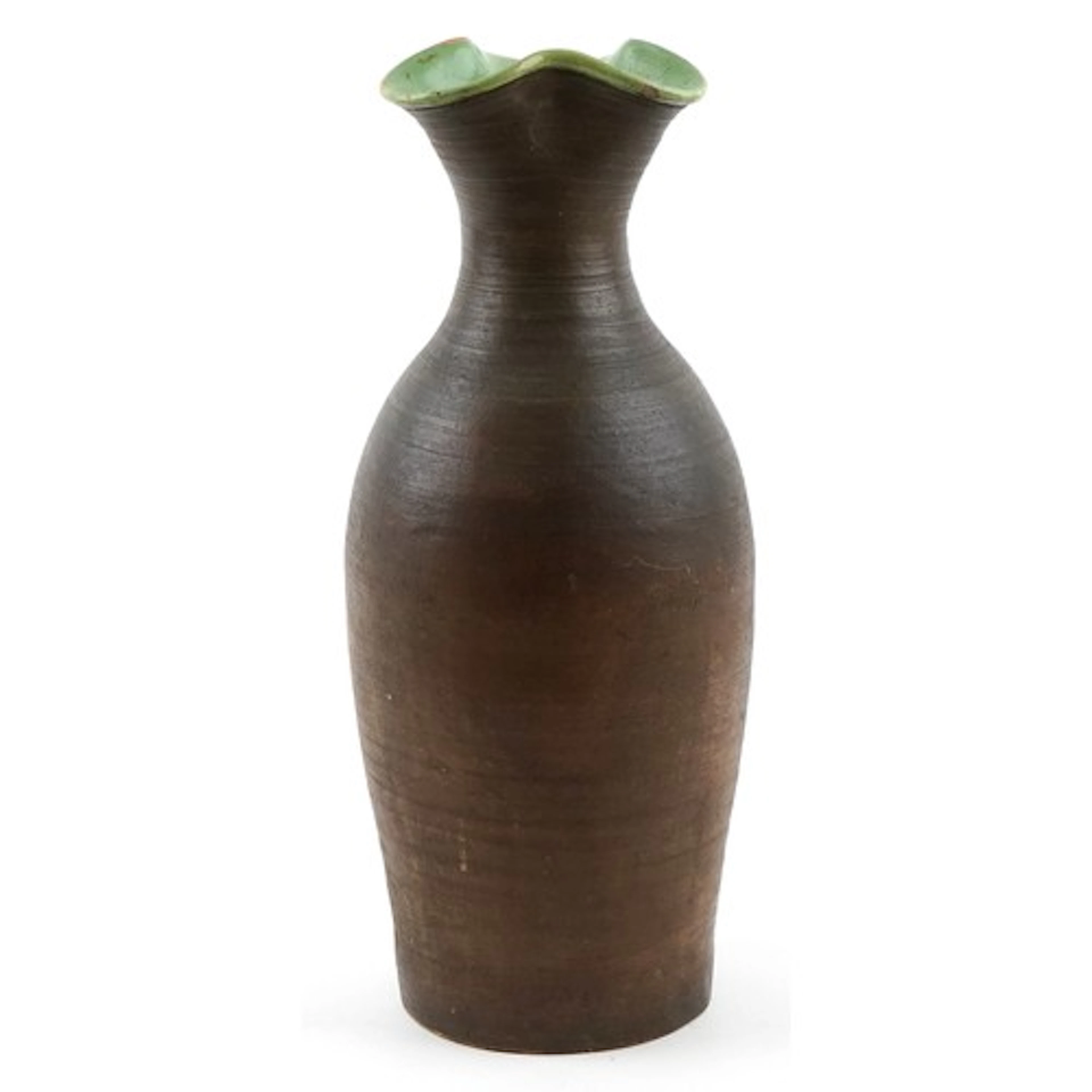 Large mid century dark brown pottery floor vase, the interio...