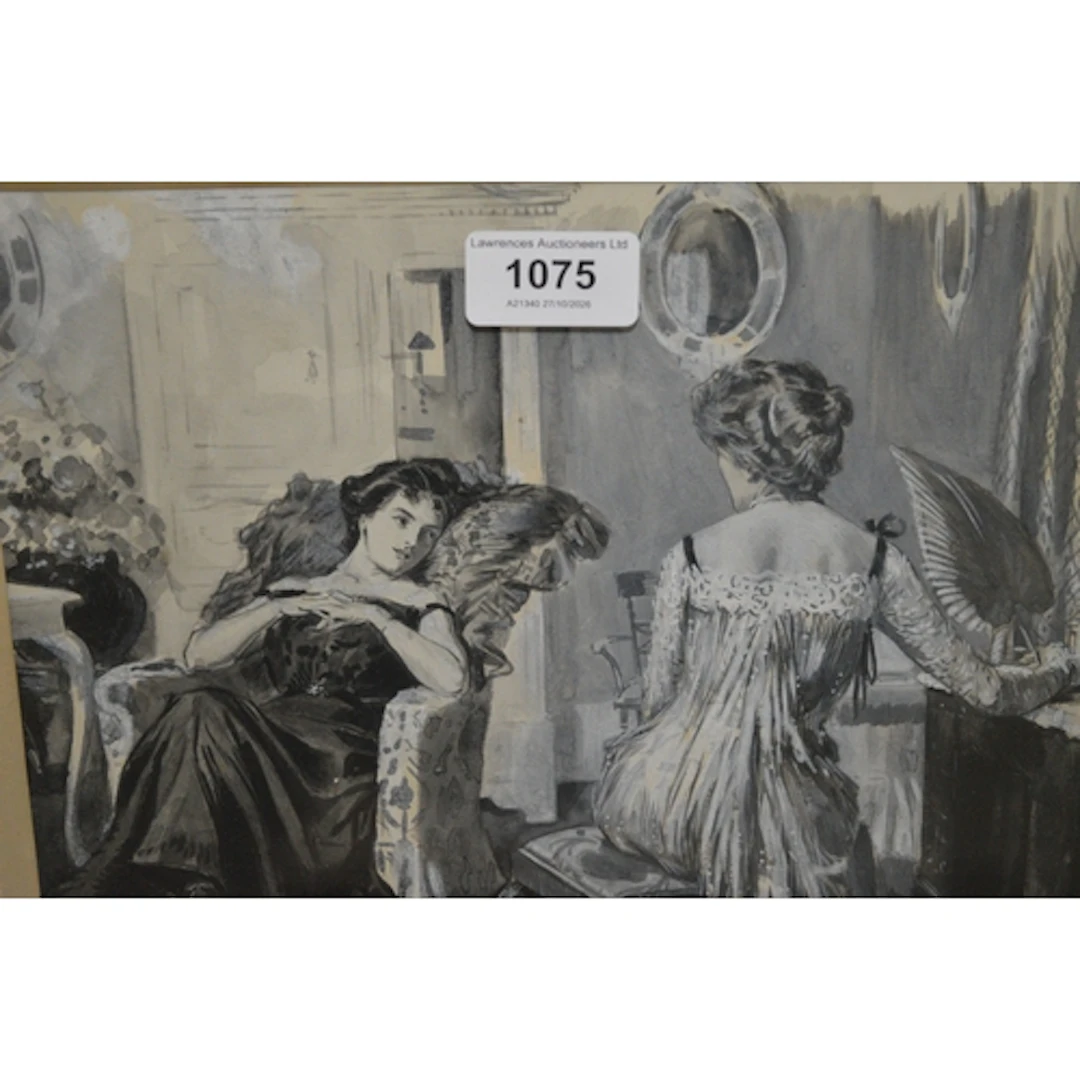 Monochrome watercolour, two ladies conversing in an interior...