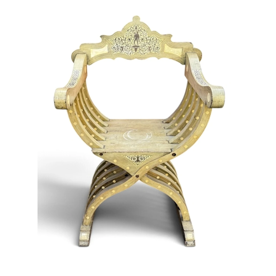 AN ITALIAN SAVONAROLA CHAIR Grey painted. Ivory submission:...