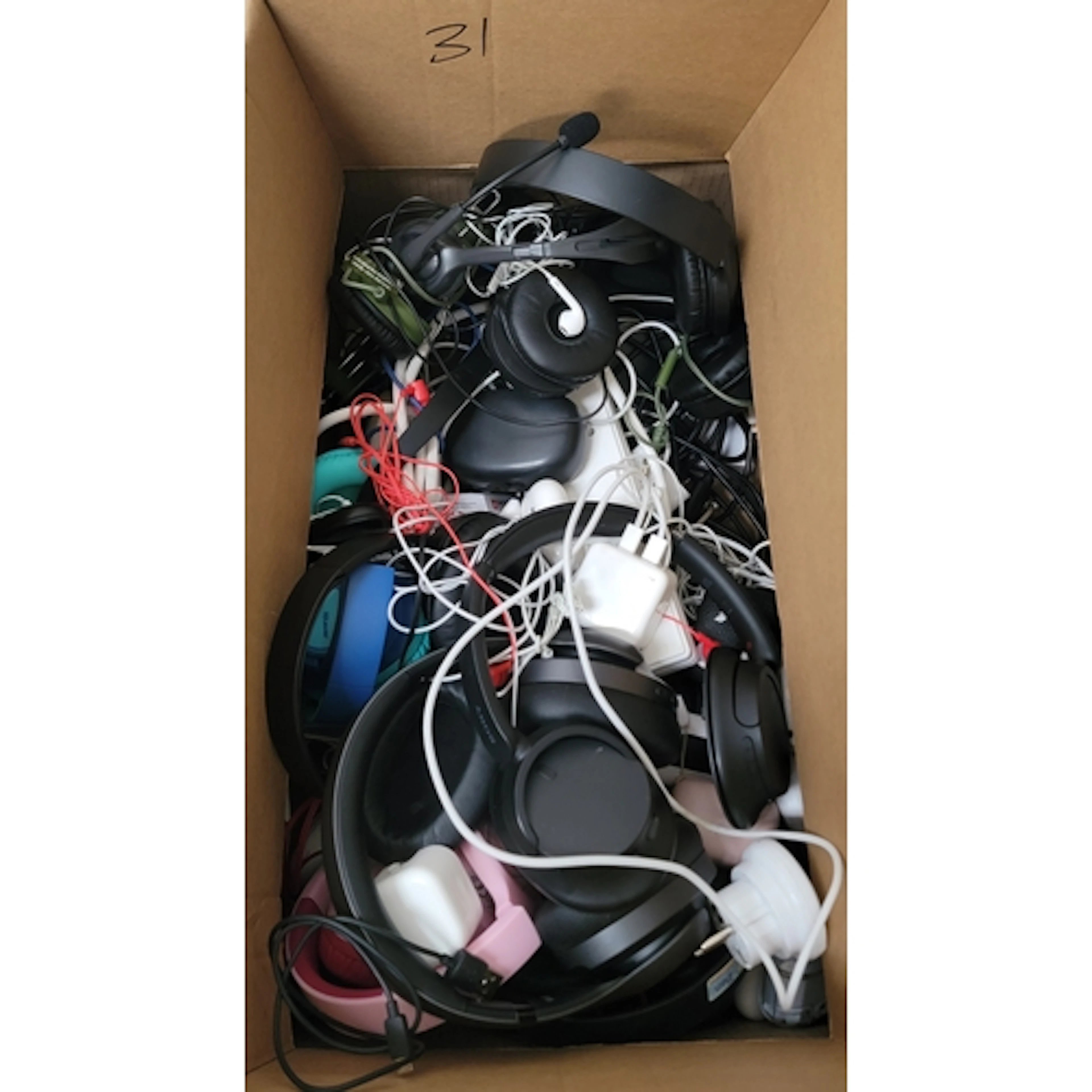 ONE BOX OF CABLES, CHARGERS AND HEADPHONES including Sony, J...