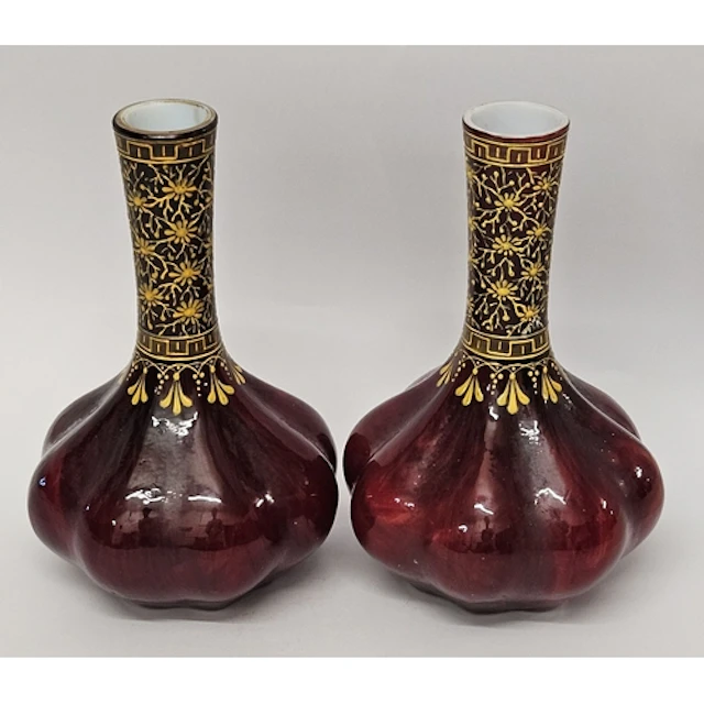 Pair Antique Bohemian Cased Milk Glass Bulbous Based Vases, ...
