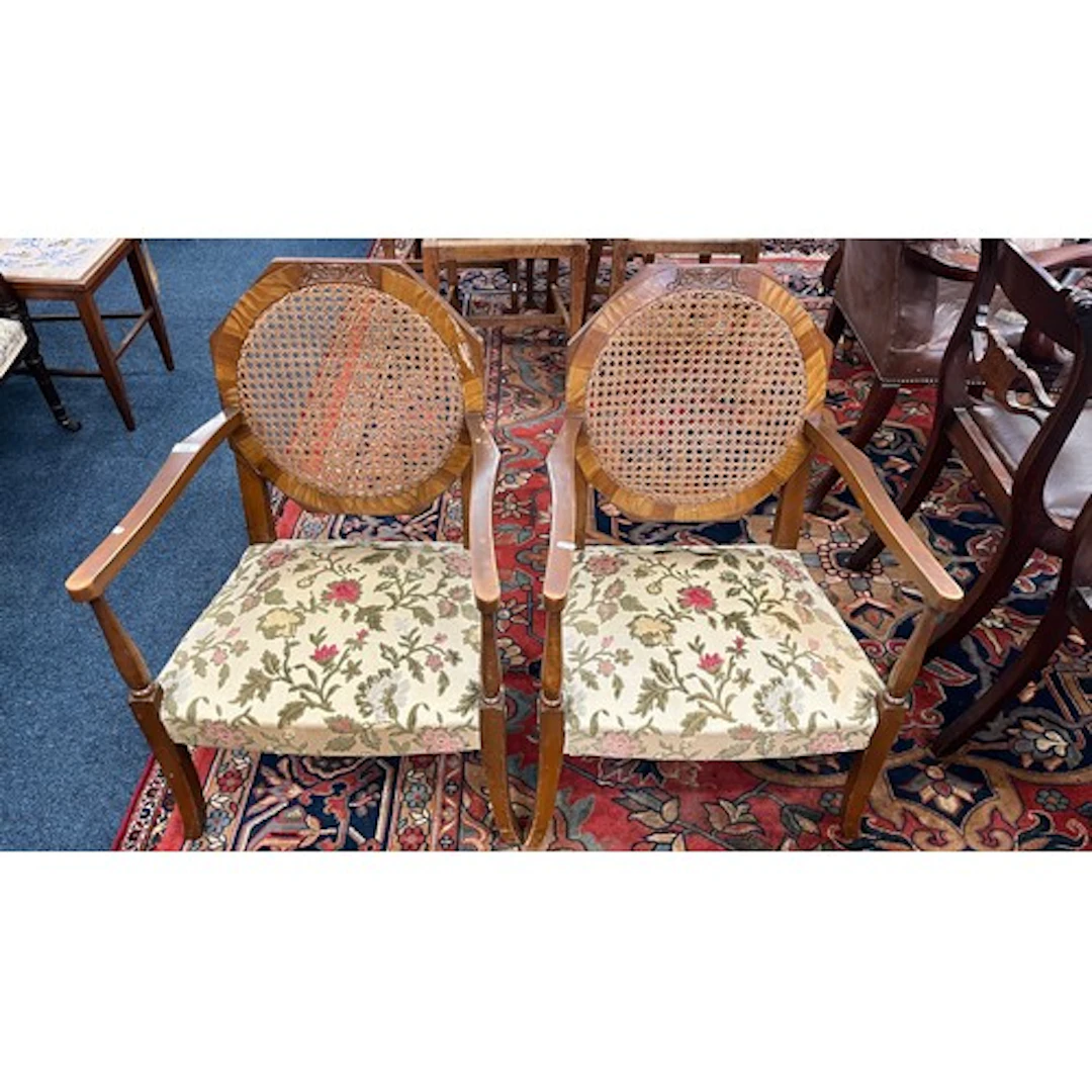 Pair of upholstered bedroom chairs with hexagonal caned back...