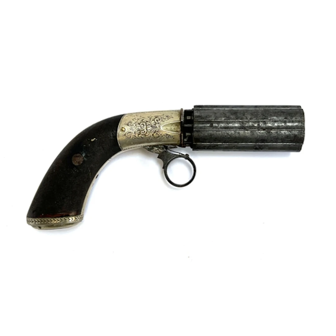 An antique six-shot percussion pepperbox revolver, with engr...