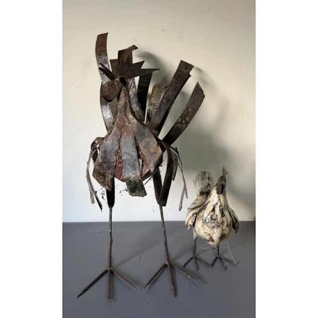 Two handcrafted metal Rooster and hen sculptures
