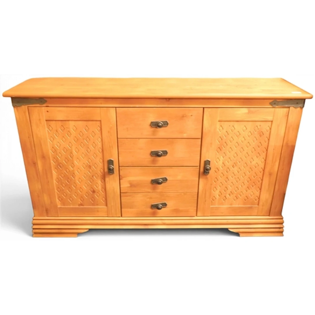 A contemporary pine sideboard with four central drawers flan...