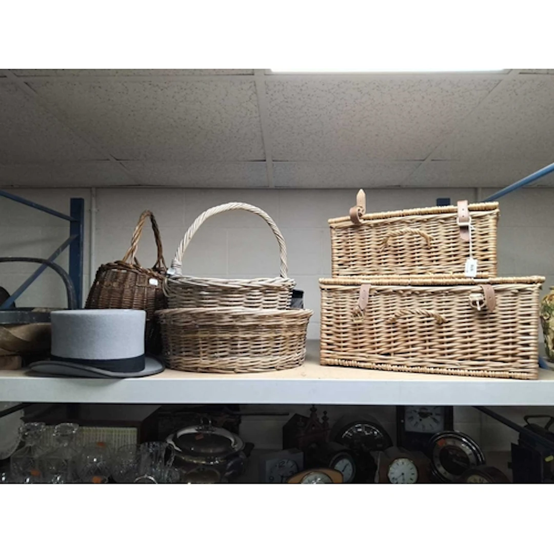 A GROUP OF MAINLY WICKER ITEMS comprising two wicker picnic ...