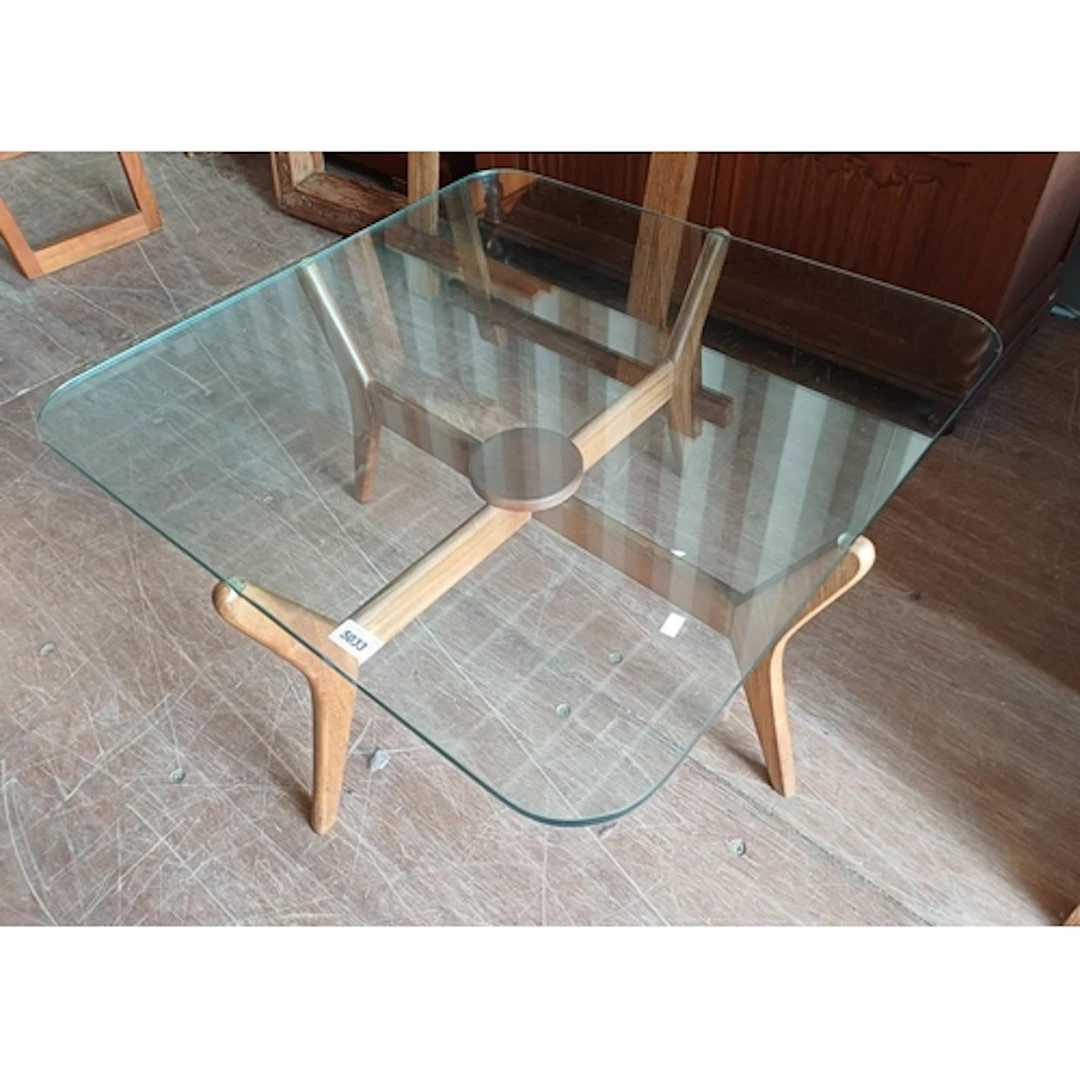 TEAK COFFEE TABLE WITH GLASS PANEL TOP - 75CM WIDE