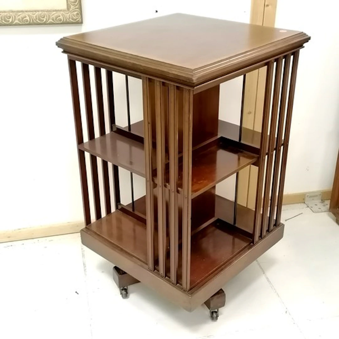 Edwardian floor standing mahogany inlaid revolving bookcase ...