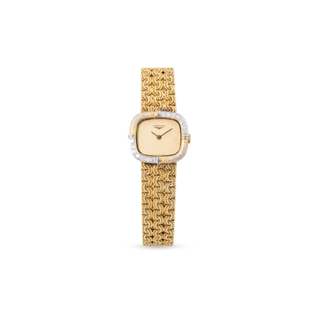 A VINTAGE LONGINES 18CT GOLD CASED WRIST WATCH, diamond set ...