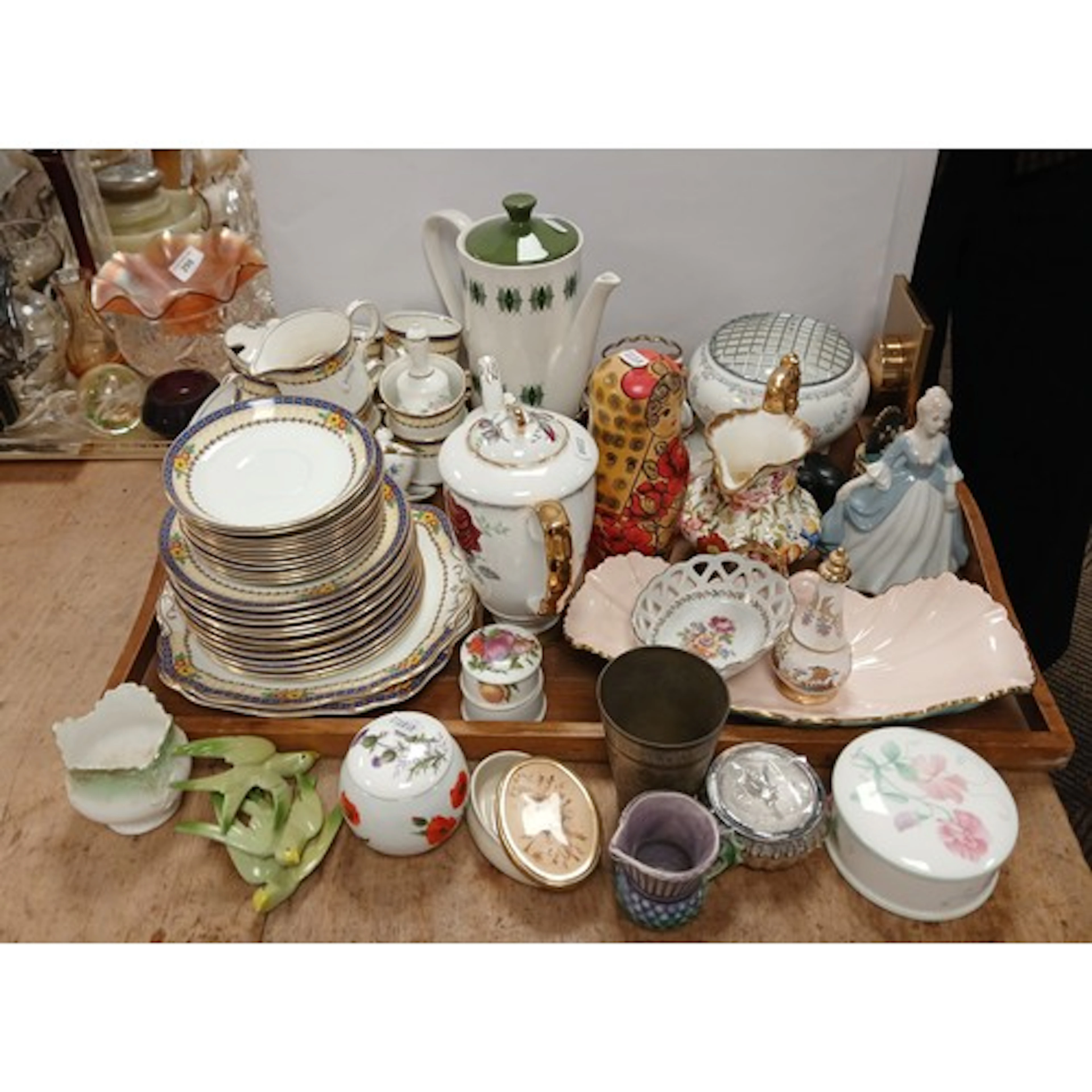 Royal Stafford teapot with various tea ear, Russian dolls, l...