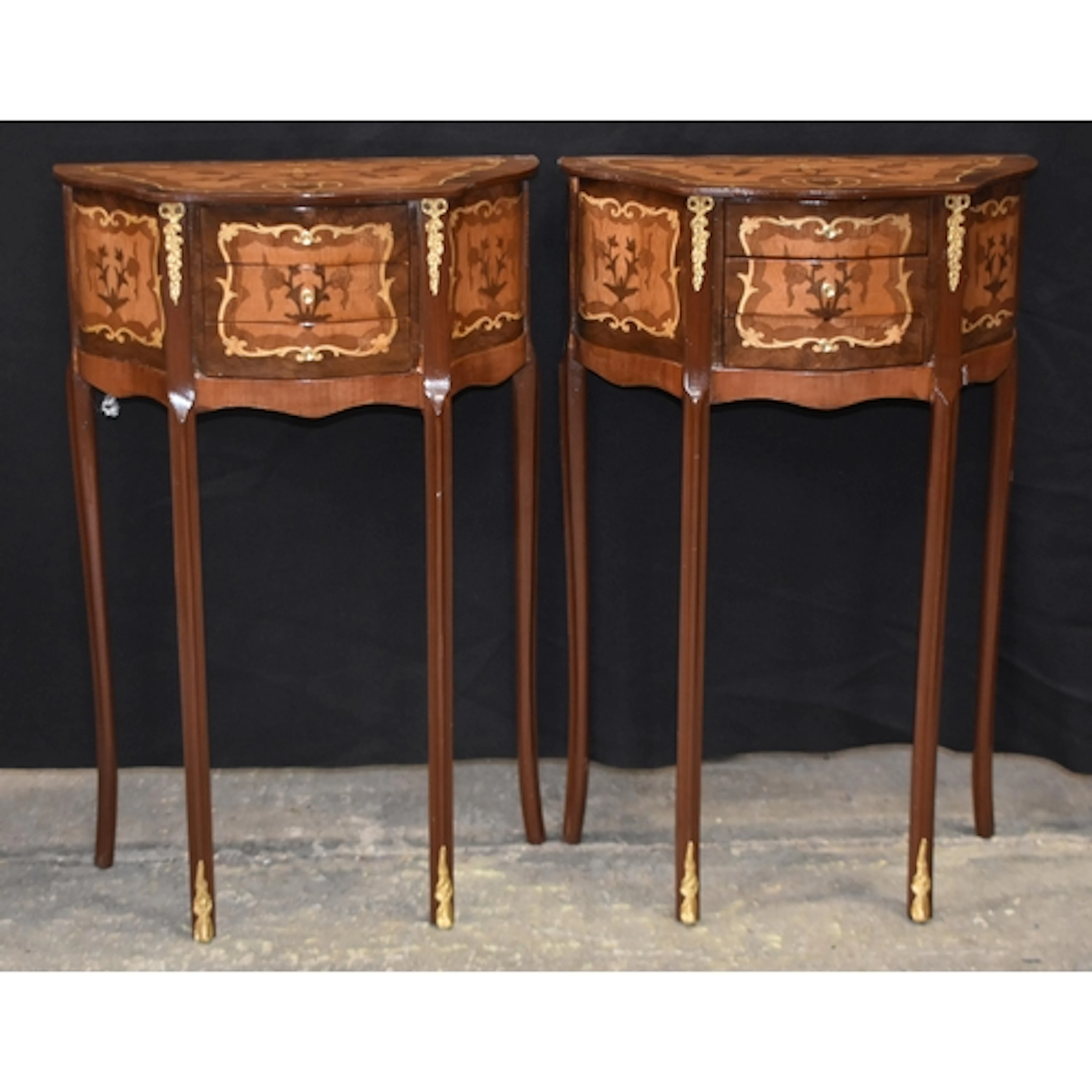 A pair of wooden inlaid Baroque style 3 draw cabinets 69 x ...