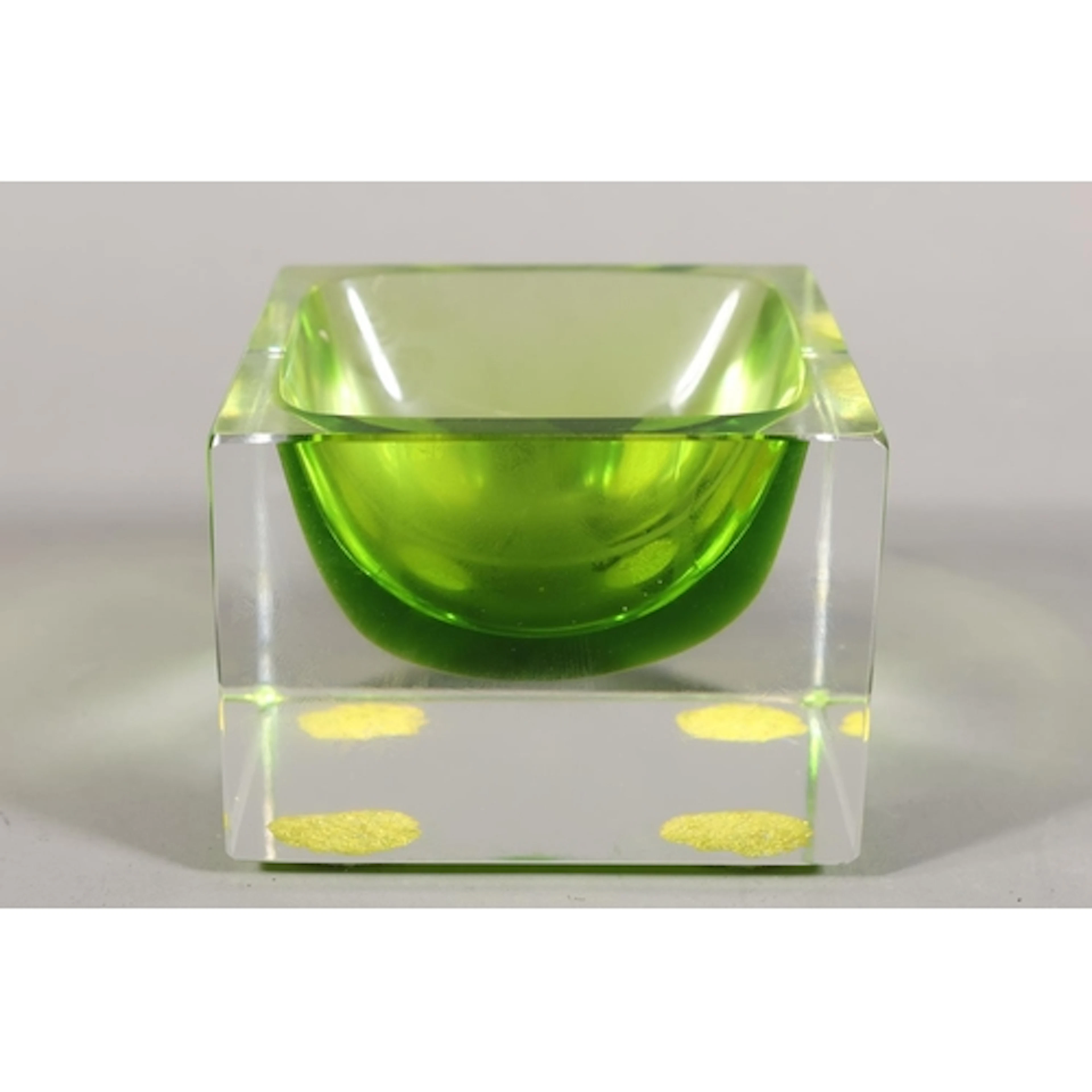 Murano Sommerso art glass cube dish, bright green in colour ...