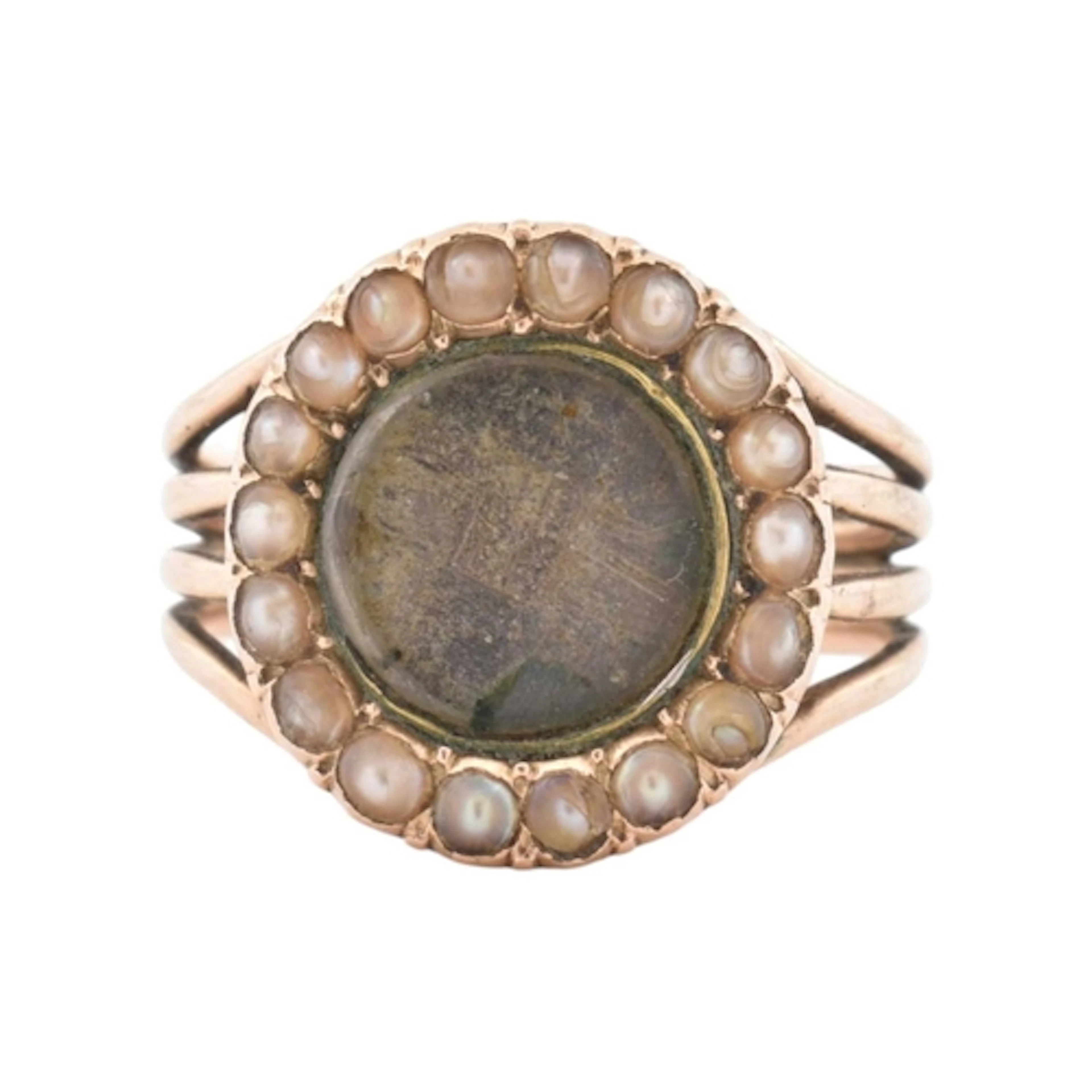 A 19th century gold and pearl hair locket ring. The ring wit...
