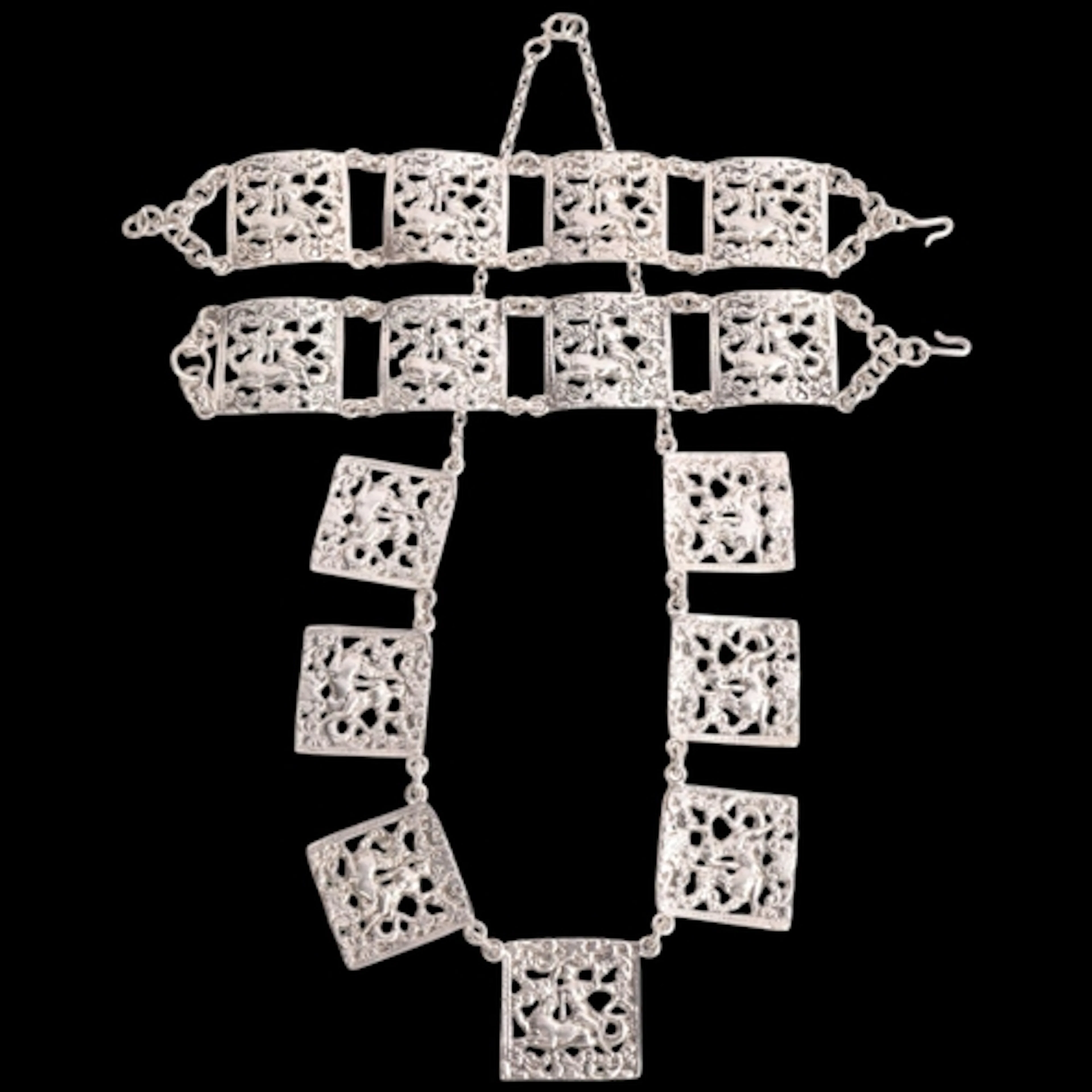 An Antique silver panel necklace and pair of bracelets set, ...