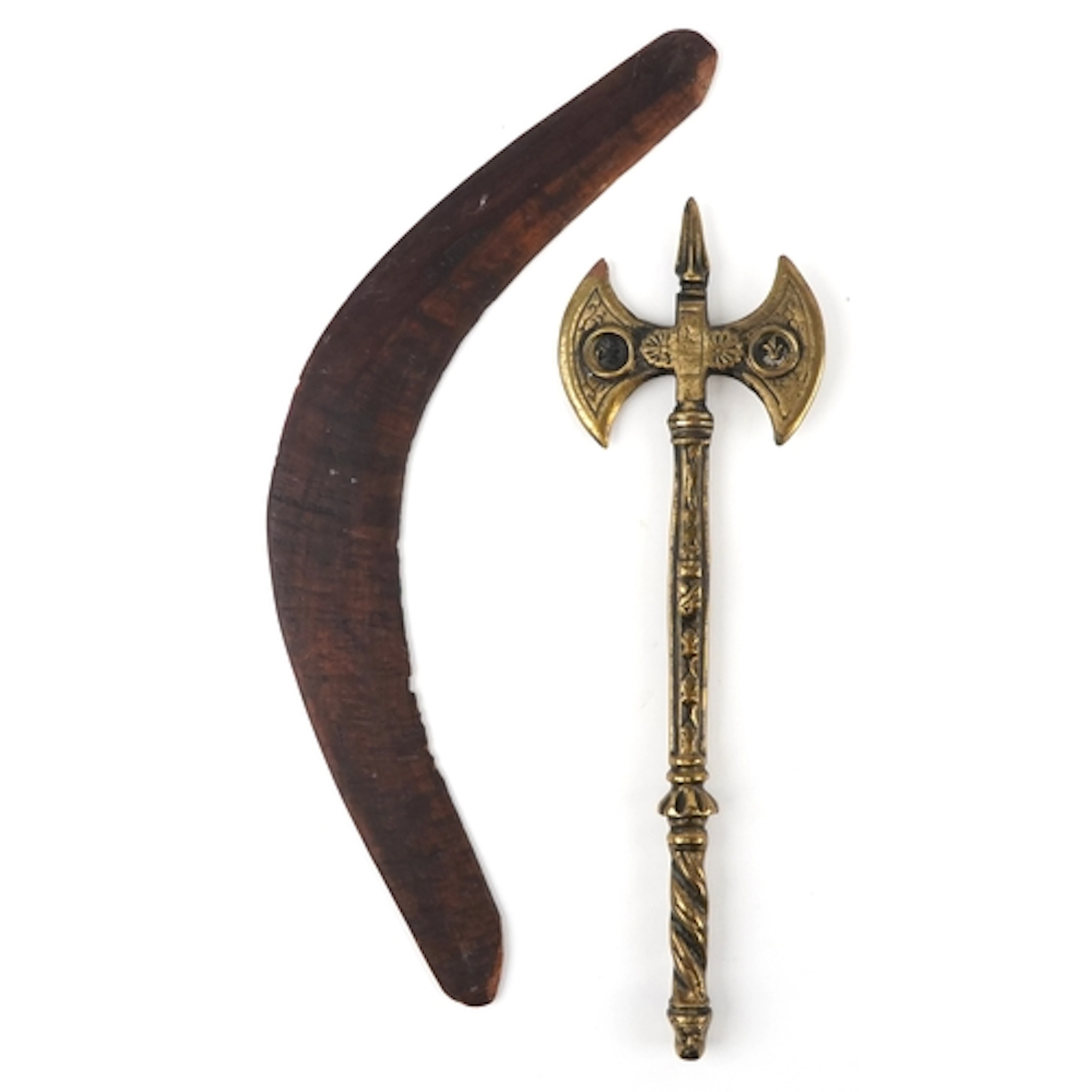 Aboriginal interest wooden boomerang and a brass model of an...