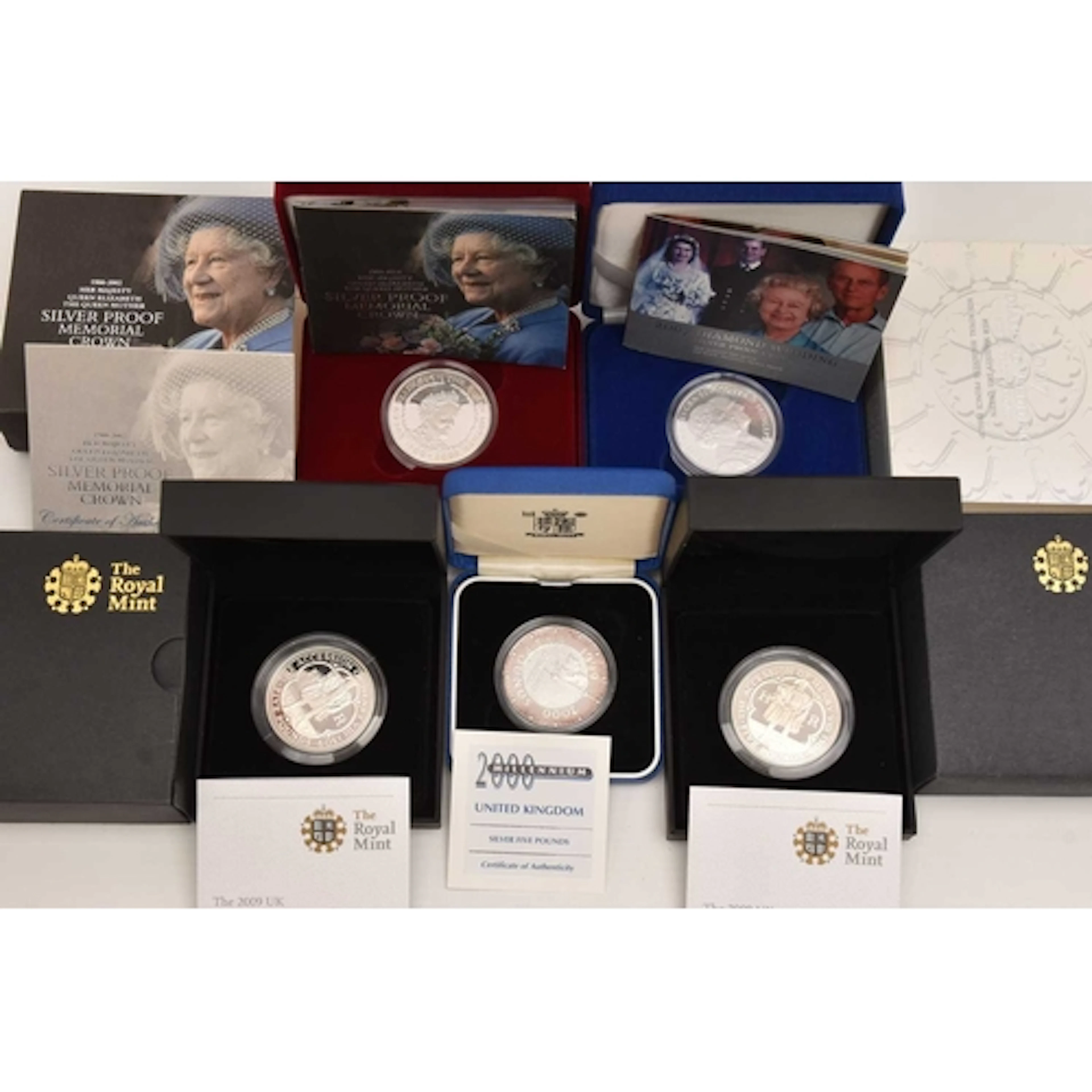 Silver. 5 x cased UK Proof Silver £5 with COAs, dated 2000, ...