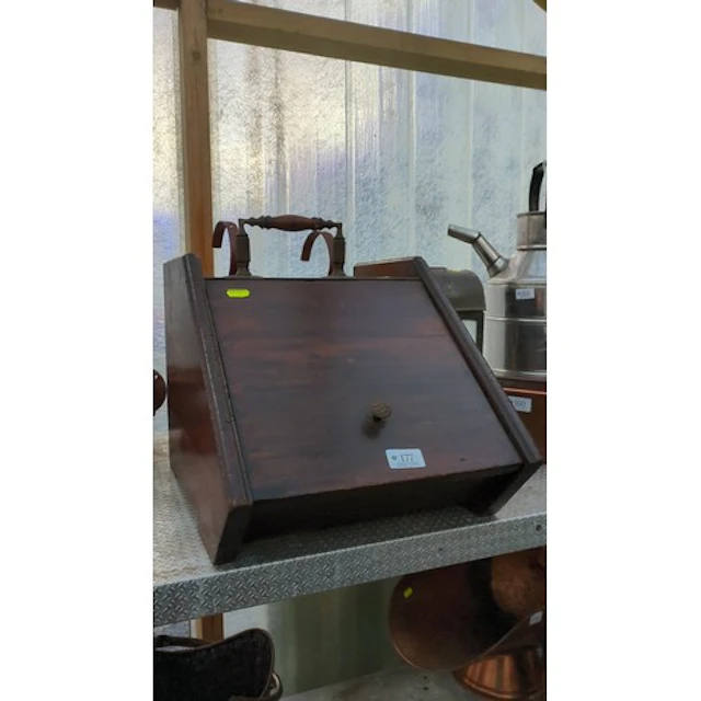 Victorian wooden coal scuttle with sloping hinged front