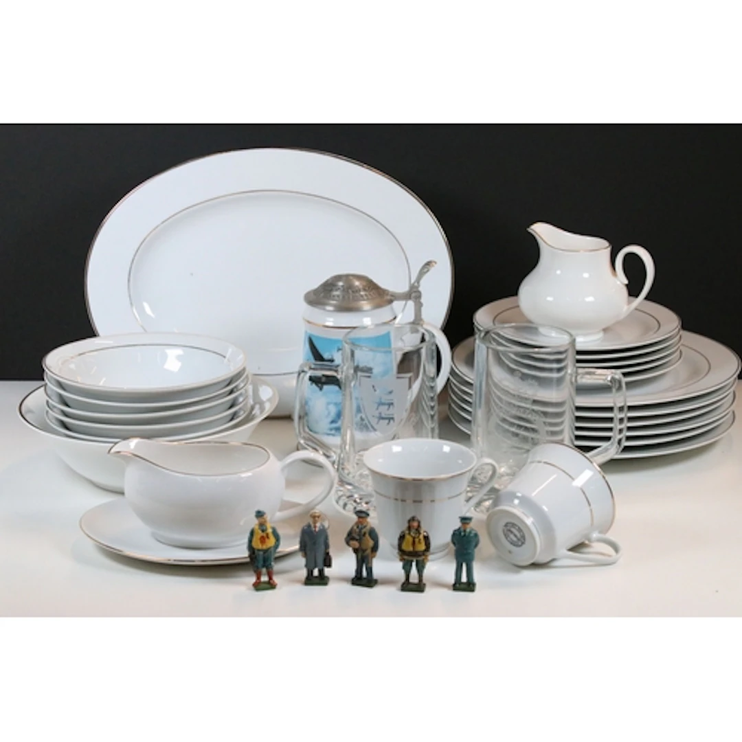 Extensive white and gilt banded dinner service, comprising e...