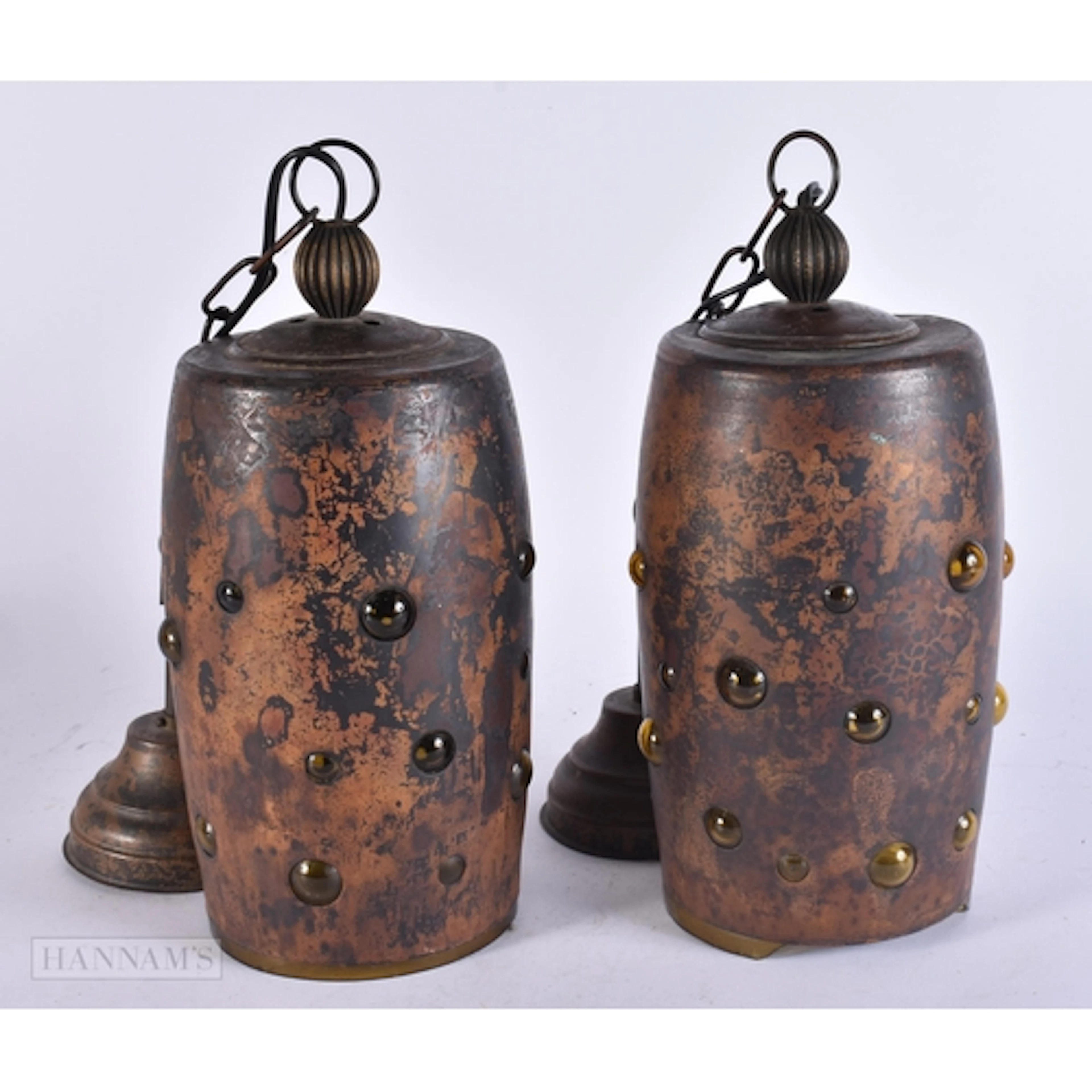 A PAIR OF NANNY STILL RAAK COPPER AMBER GLASS CEILING LAMPS....
