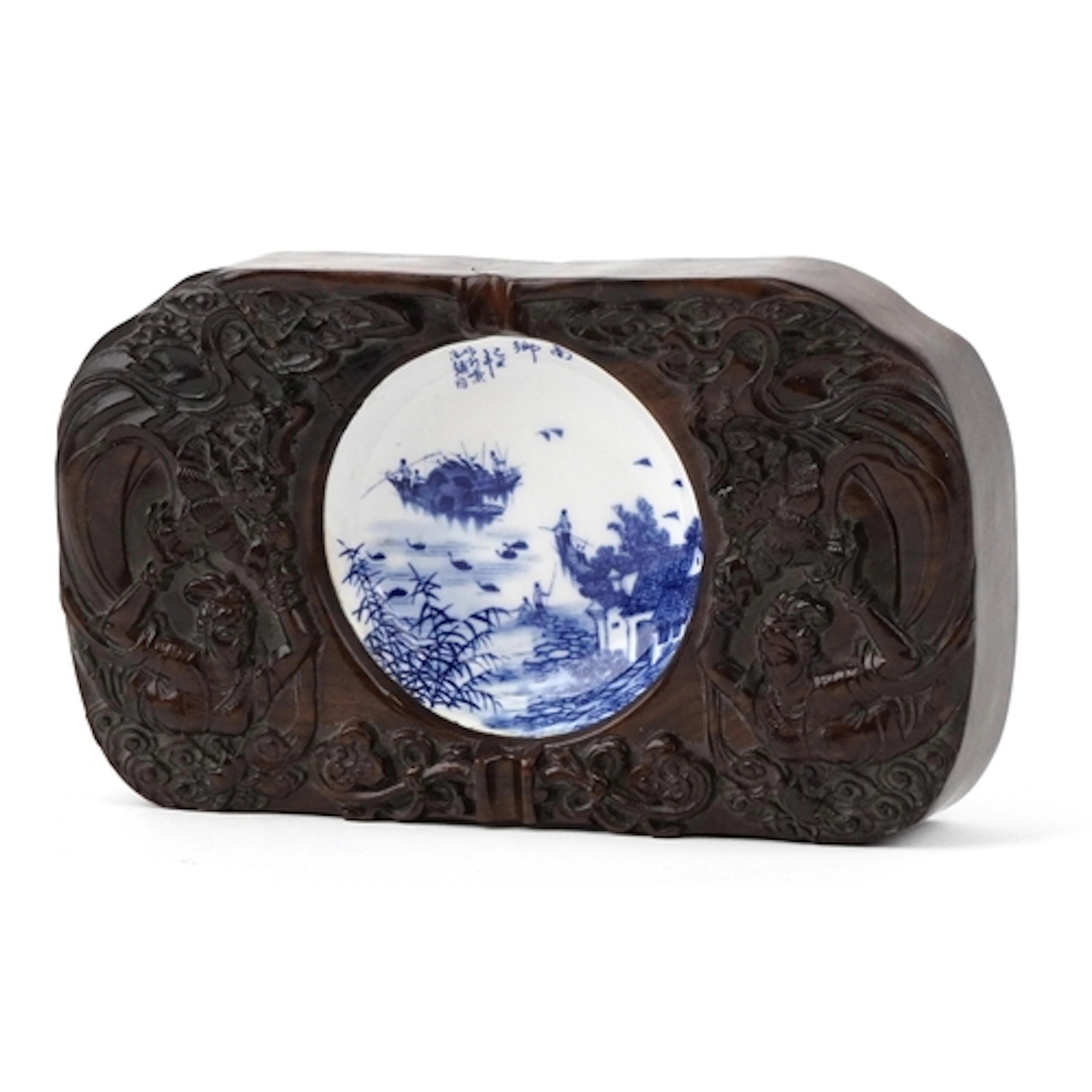 Chinese wooden ashtray with intricately carved hardwood fram...