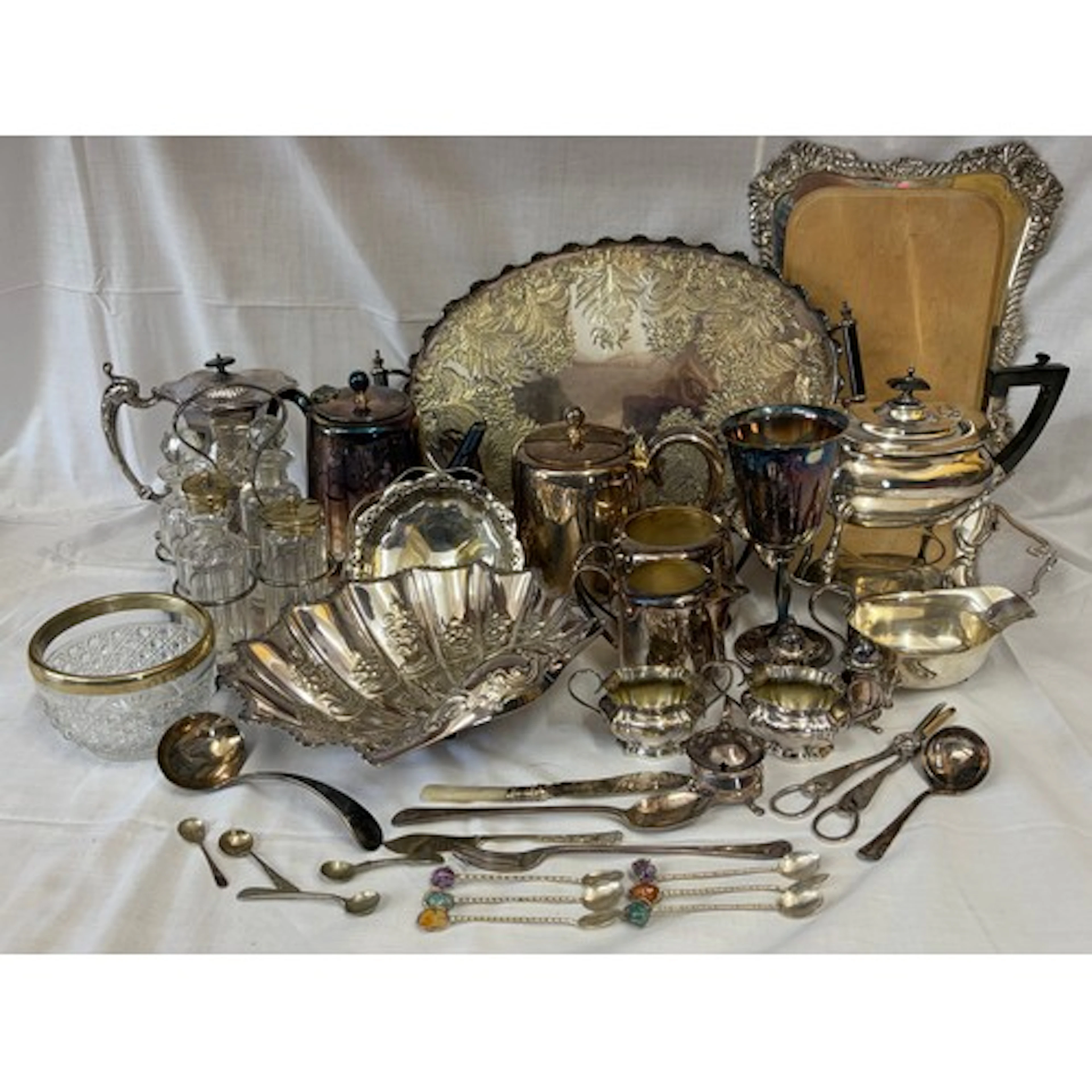 A quantity of silver plated to include a Walker & Hall tray ...