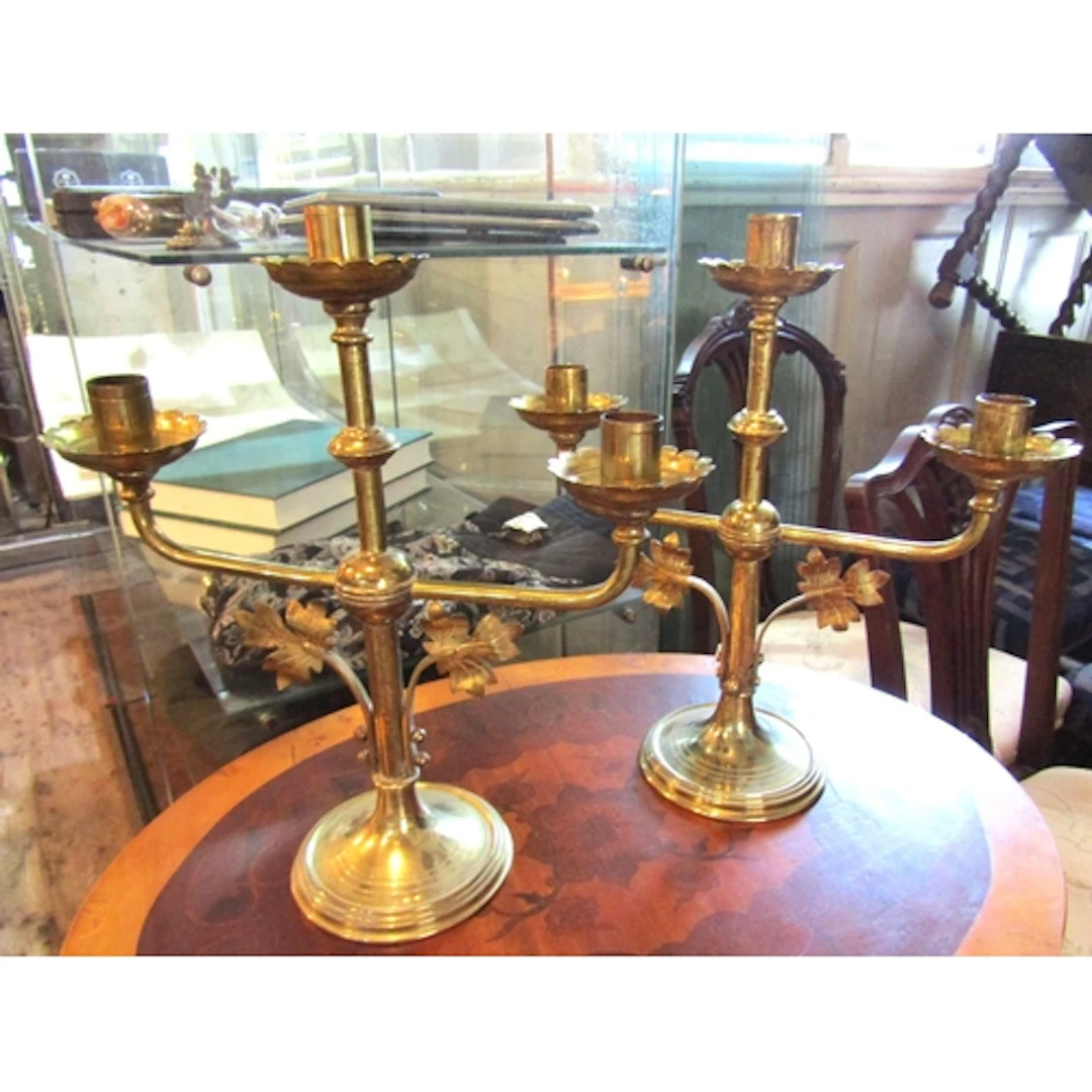 Pair of Antique Cast Brass Gothic Form Three Sconce Altar Ca...