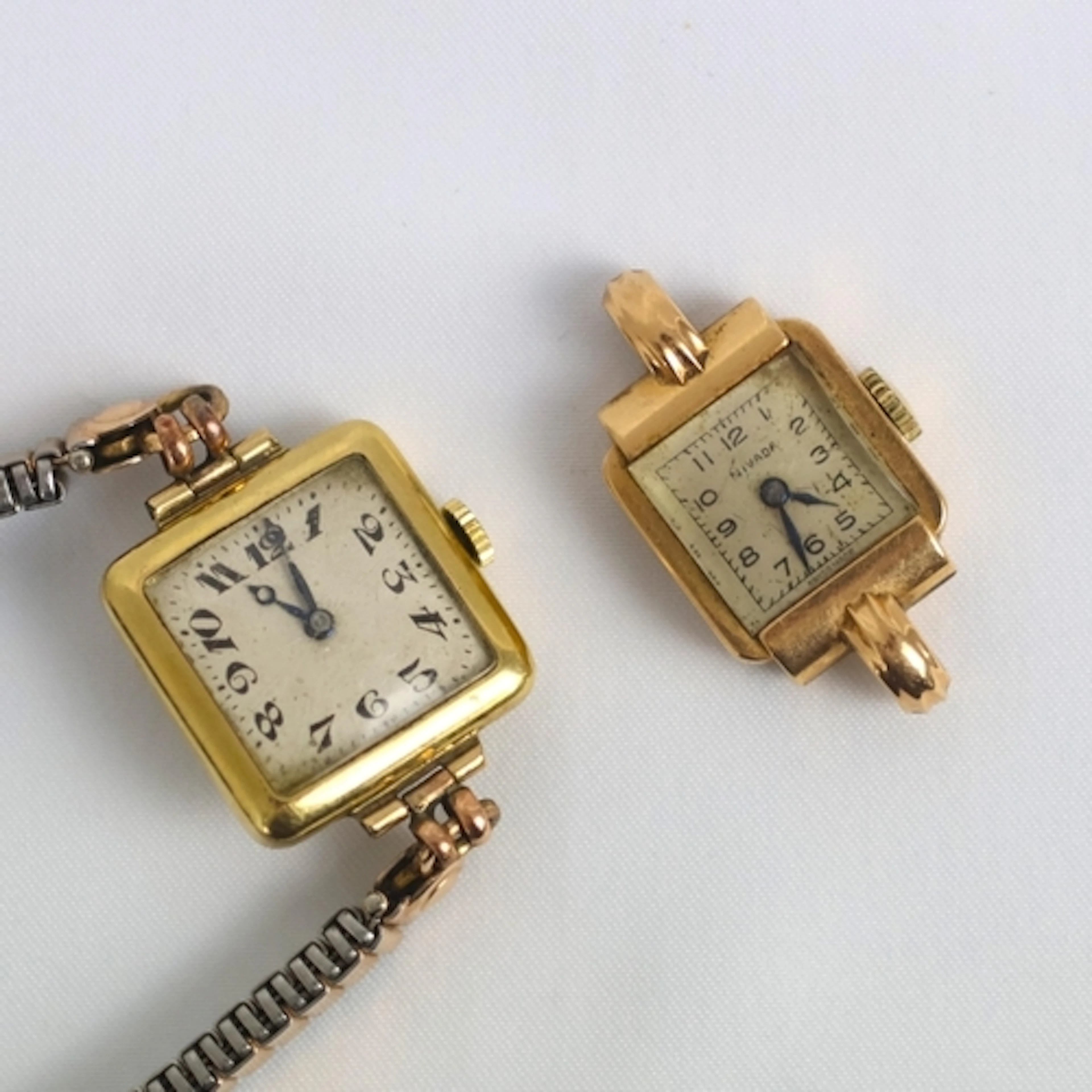A ladies 18ct gold Nivada watch case, the square shaped dial...