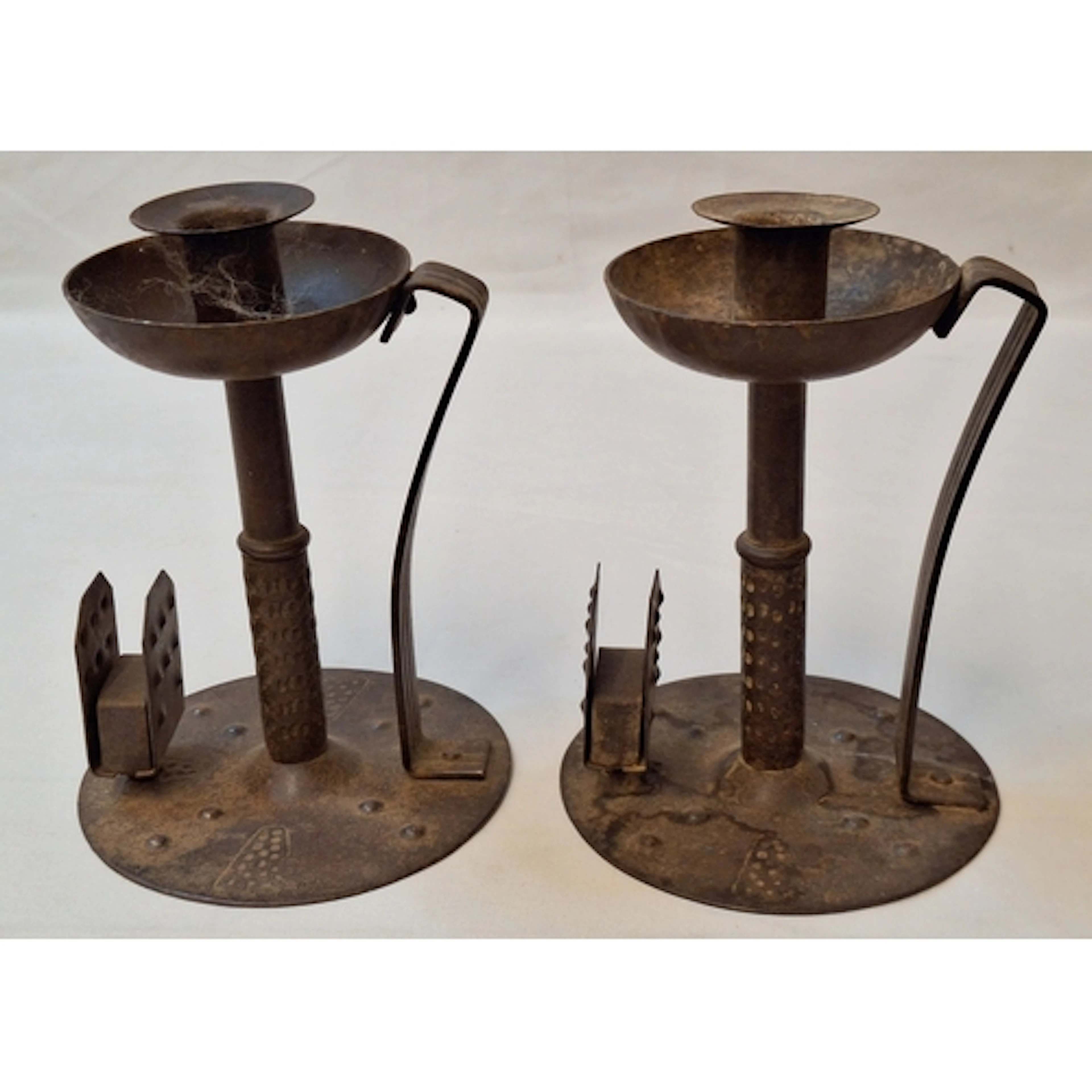Pair Arts & Crafts Hugo Berger Hammered Iron Chamber Sticks,...