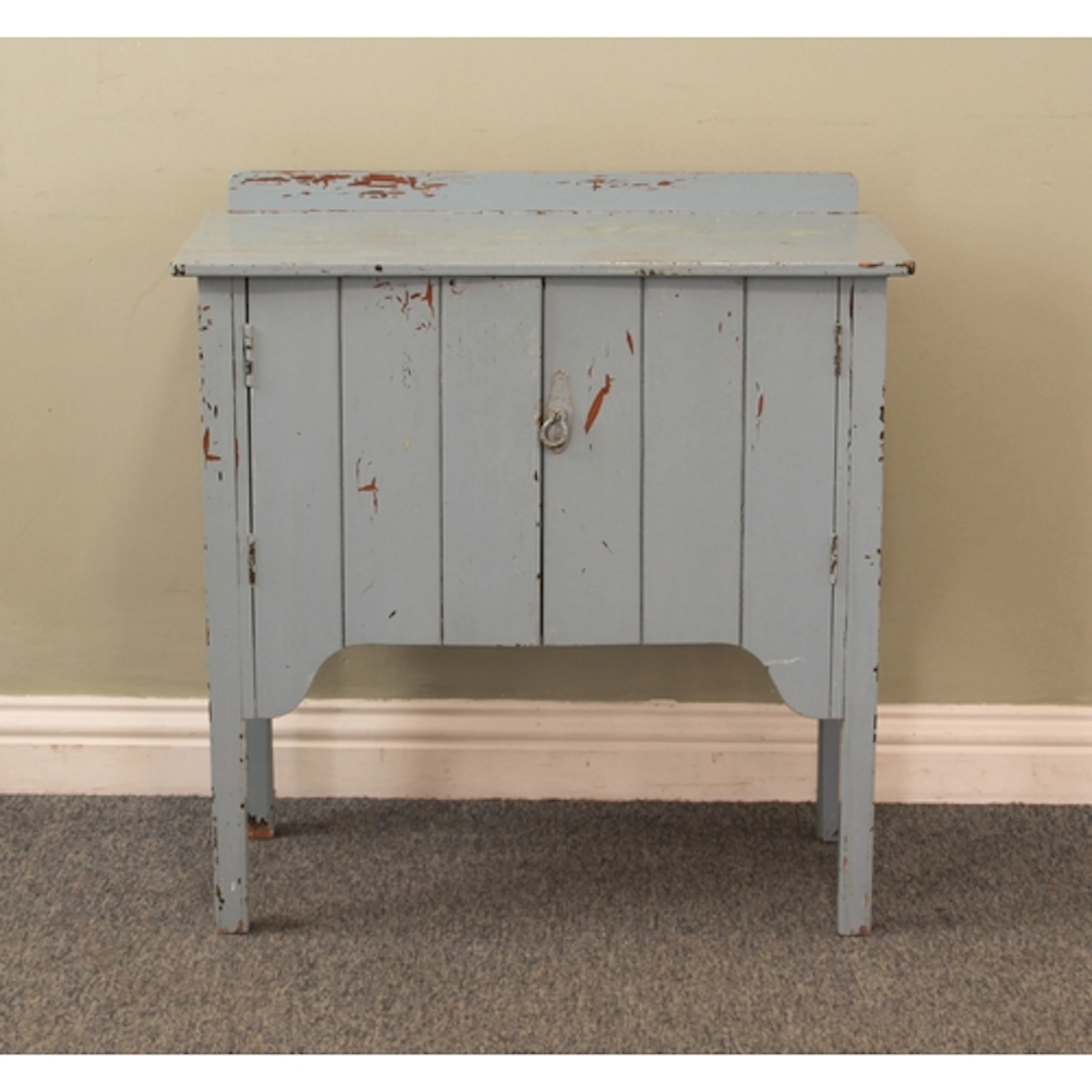 A vintage duck-egg-blue painted pine cabinet - the galleried...