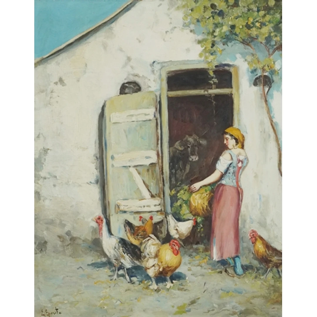 Female feeding chickens, continental school oil on board, be...