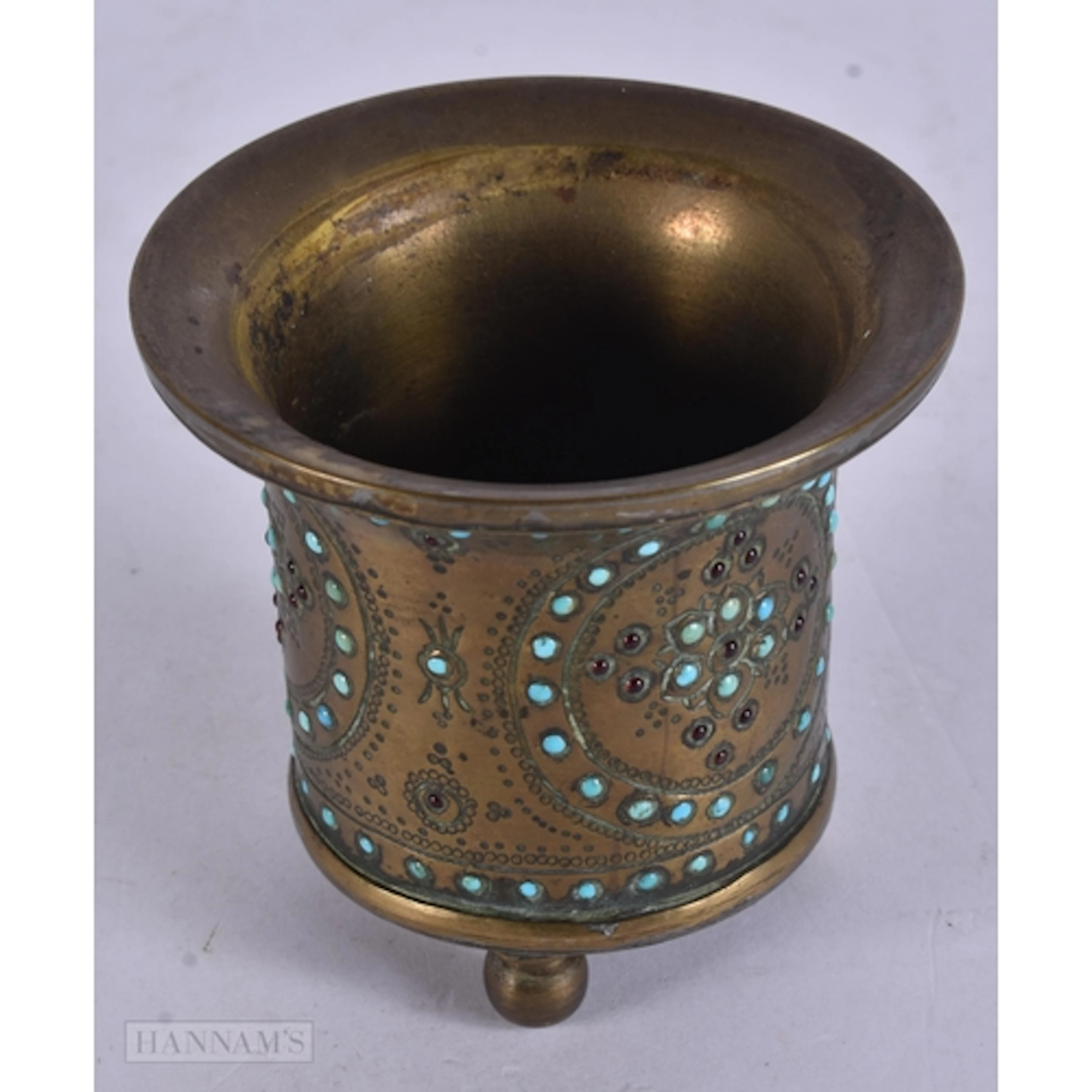 AN ANTIQUE ISLAMIC TURQUOISE JEWELLED CENSER. 7.5 cm wide.