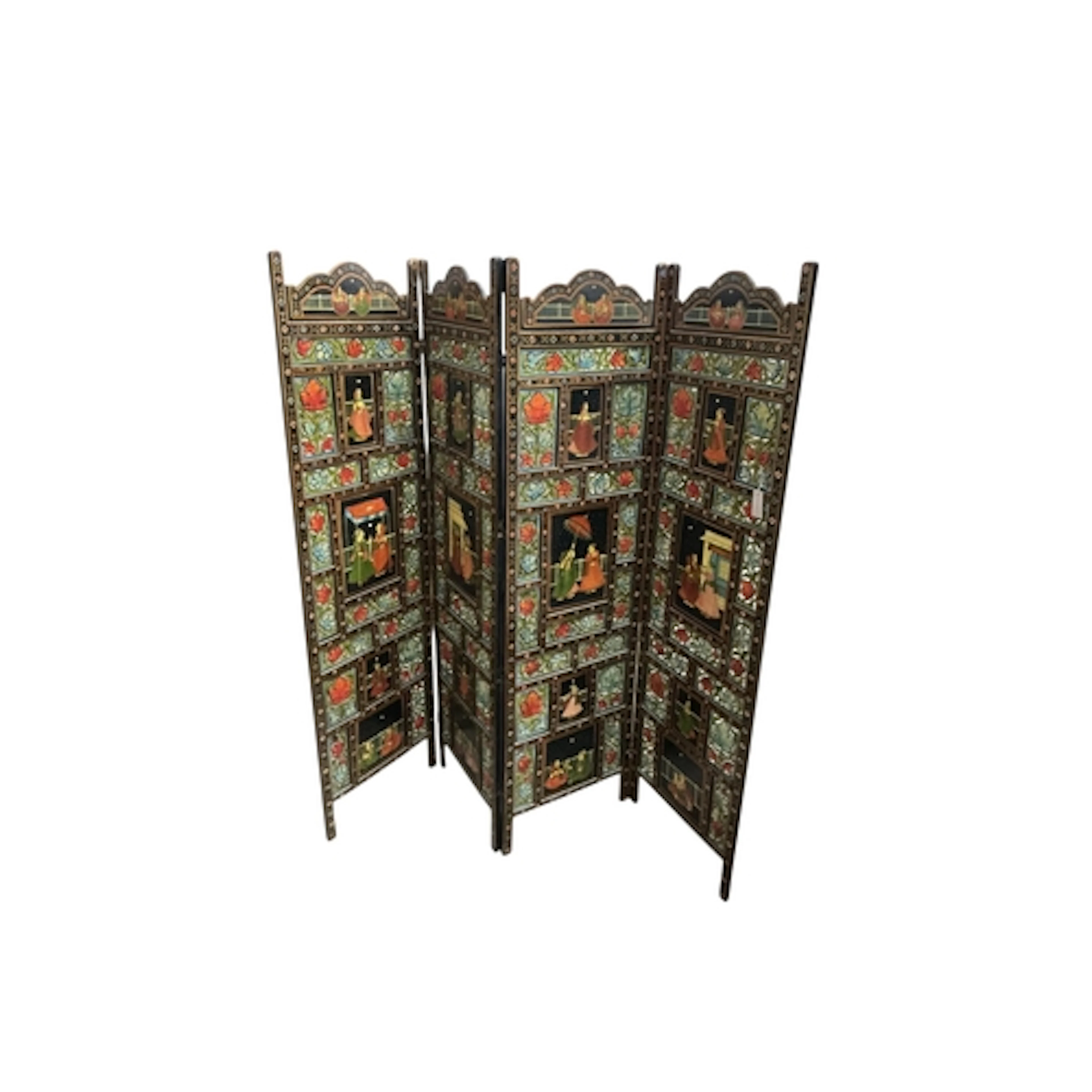 An Indian painted four fold screen, each panel width 50cm, h...