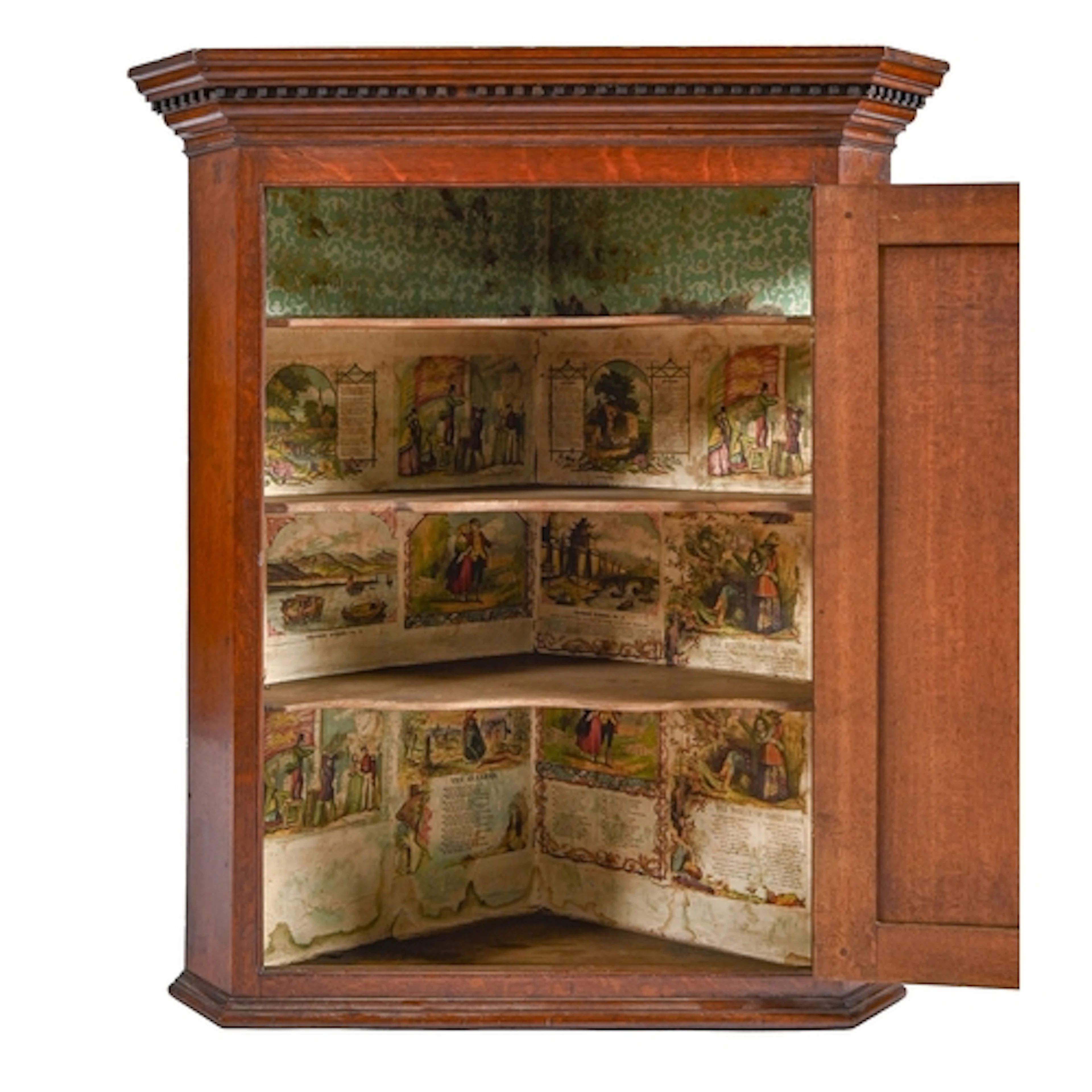 A George III oak hanging corner cupboard, the interior with ...
