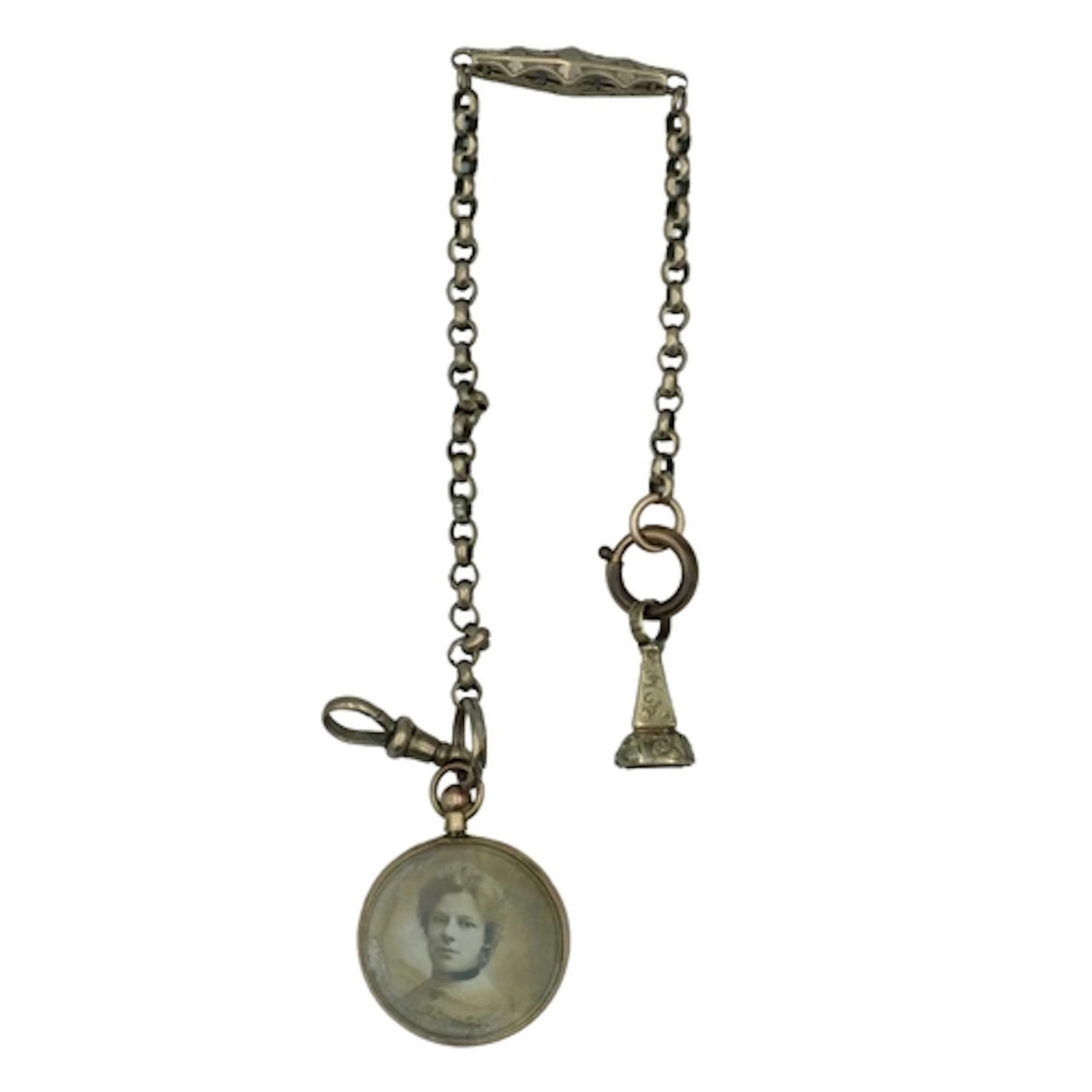 A Victorian 9k (tested) lady's Albertina watch chain, applie...
