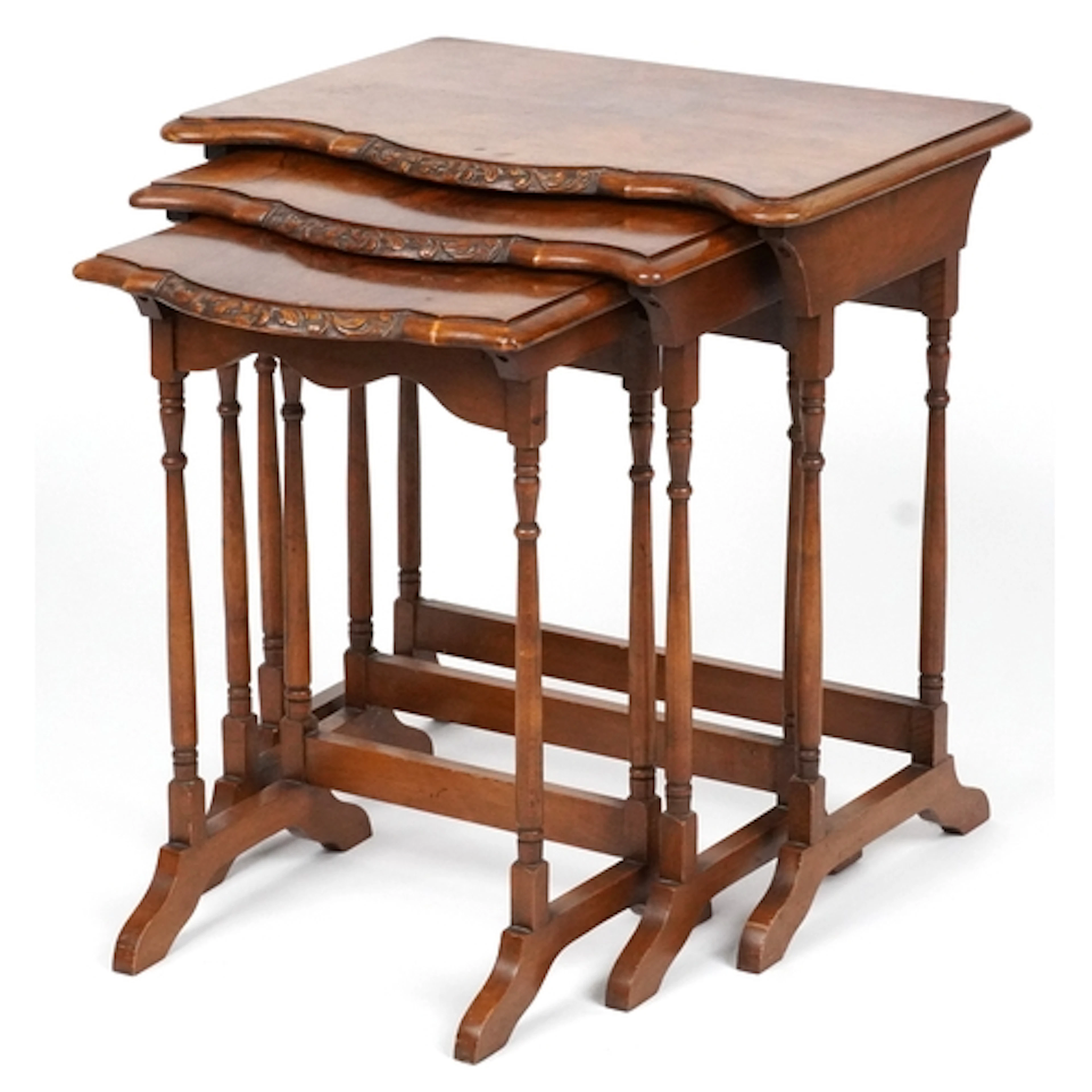 Early 20th century burr walnut quarter veneered nest of thre...