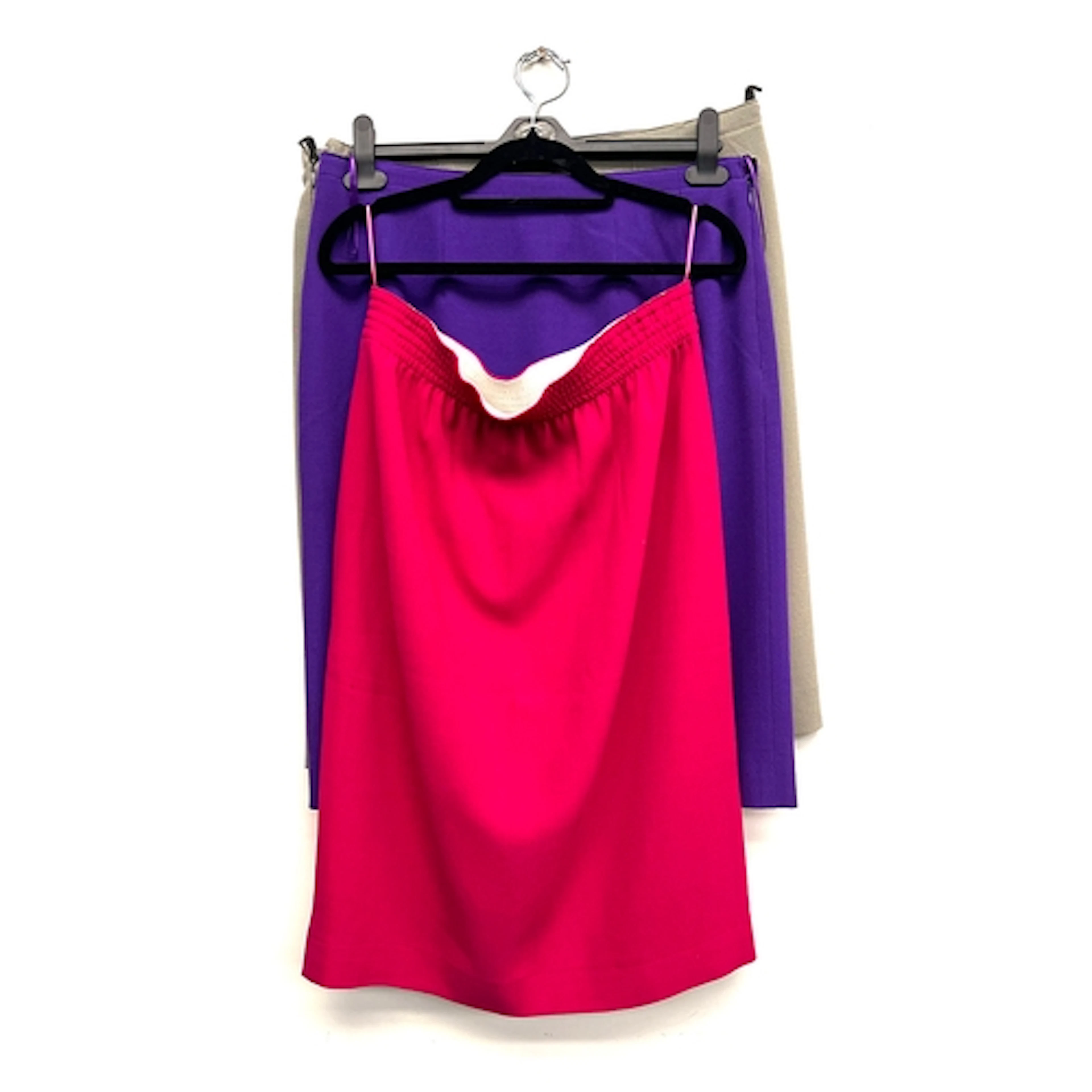 Three Jean Muir wool skirts in pink, khaki and purple, size ...