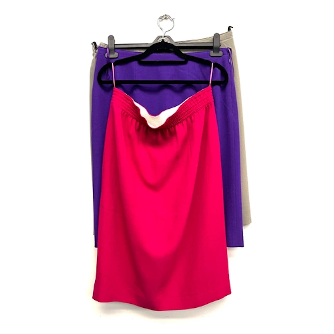 Three Jean Muir wool skirts in pink, khaki and purple, size ...