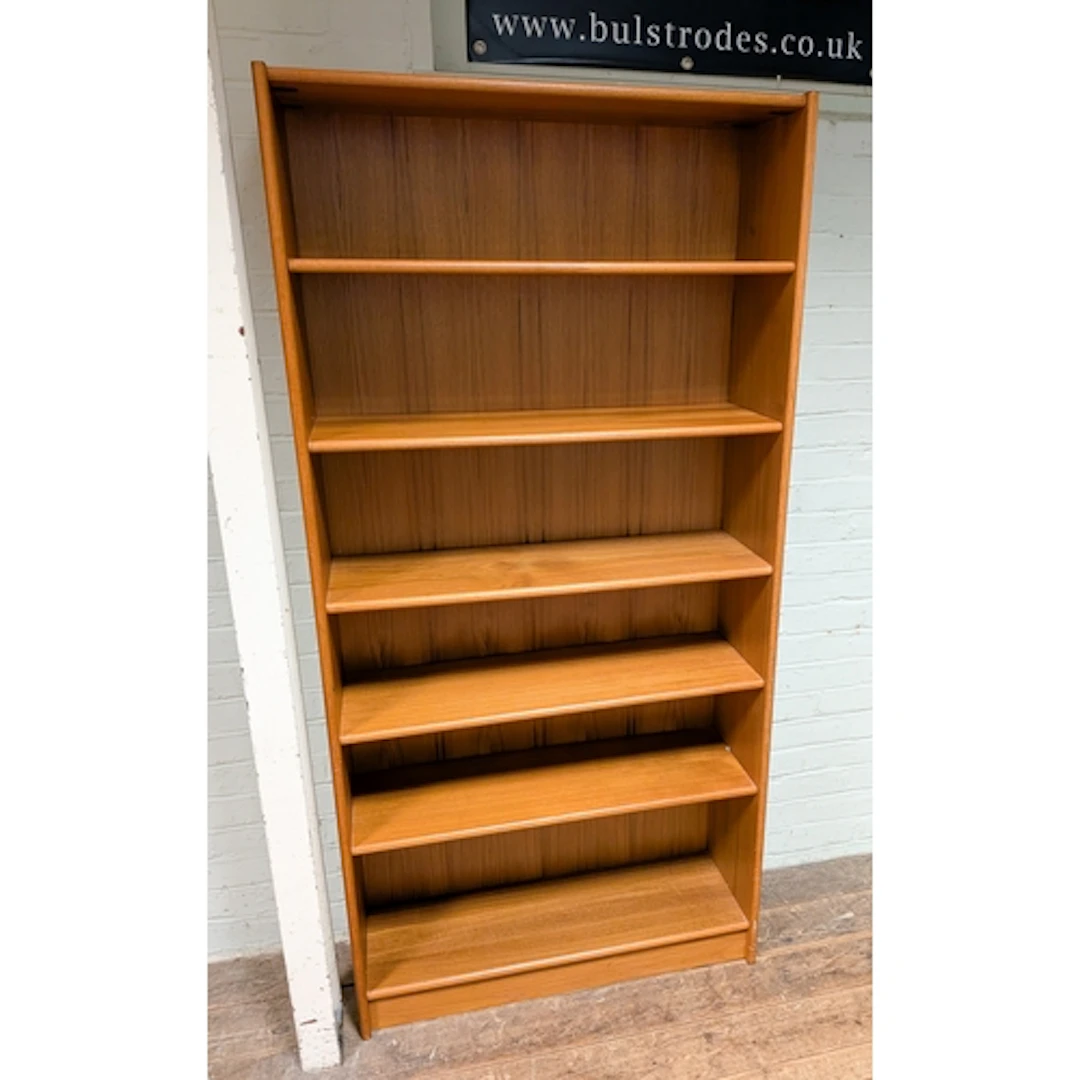 A modern teak open bookcase with adjustable shelves, 35" wid...